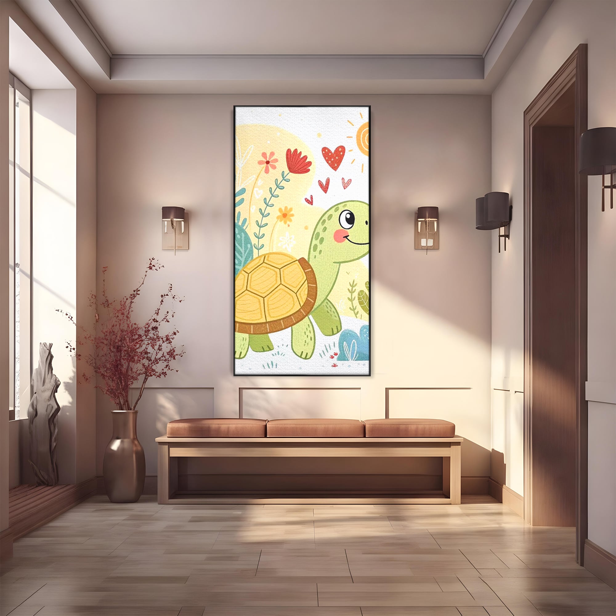Tablou Canvas Premium, LuxCanva® K1043, Zambet din Carapace, Testoasa, Broasca, Gradina, Aventura, Soare, Curaj, Plimbare, Inimi, Flori, Copilaresc, Natura, Colorat, Camera Copil, Dormitor