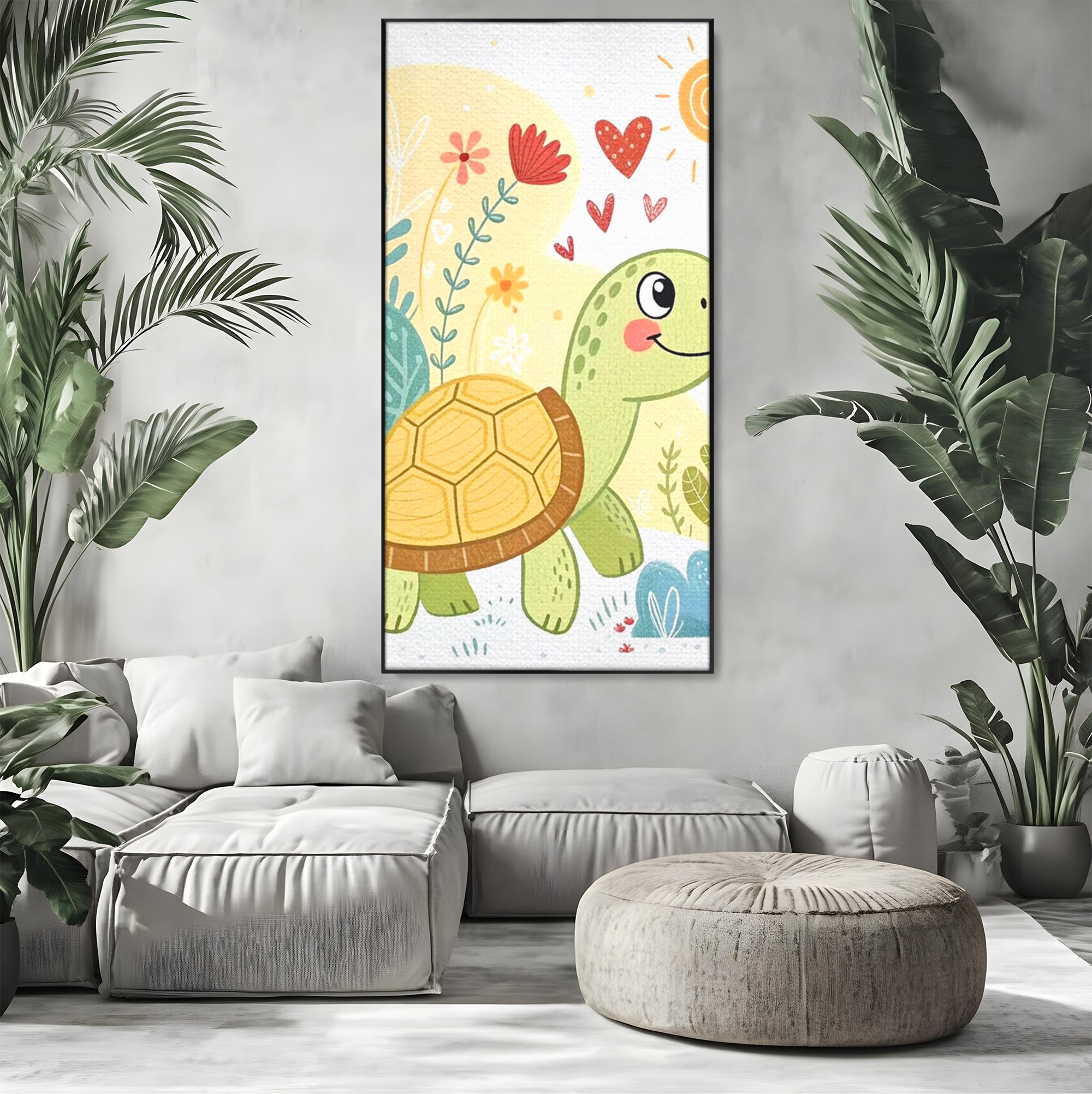 Tablou Canvas Premium, LuxCanva® K1043, Zambet din Carapace, Testoasa, Broasca, Gradina, Aventura, Soare, Curaj, Plimbare, Inimi, Flori, Copilaresc, Natura, Colorat, Camera Copil, Dormitor