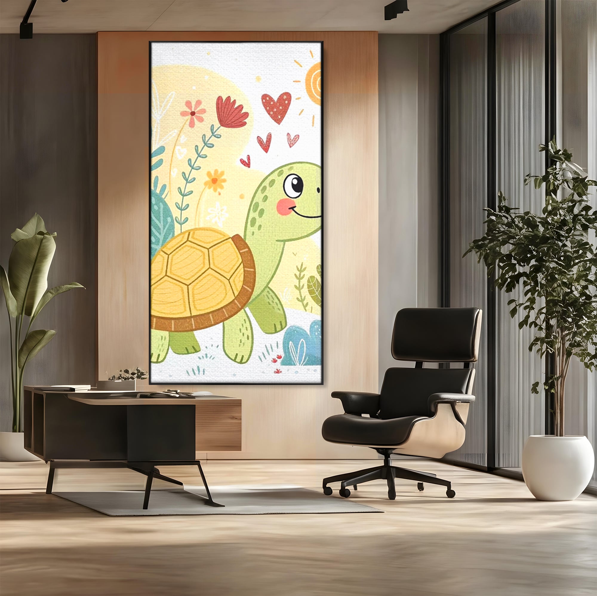Tablou Canvas Premium, LuxCanva® K1043, Zambet din Carapace, Testoasa, Broasca, Gradina, Aventura, Soare, Curaj, Plimbare, Inimi, Flori, Copilaresc, Natura, Colorat, Camera Copil, Dormitor
