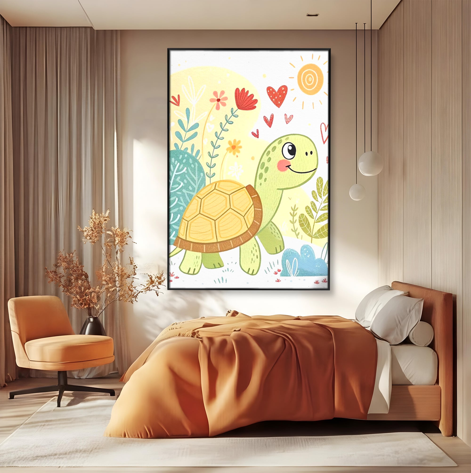 Tablou Canvas Premium, LuxCanva® K1043, Zambet din Carapace, Testoasa, Broasca, Gradina, Aventura, Soare, Curaj, Plimbare, Inimi, Flori, Copilaresc, Natura, Colorat, Camera Copil, Dormitor