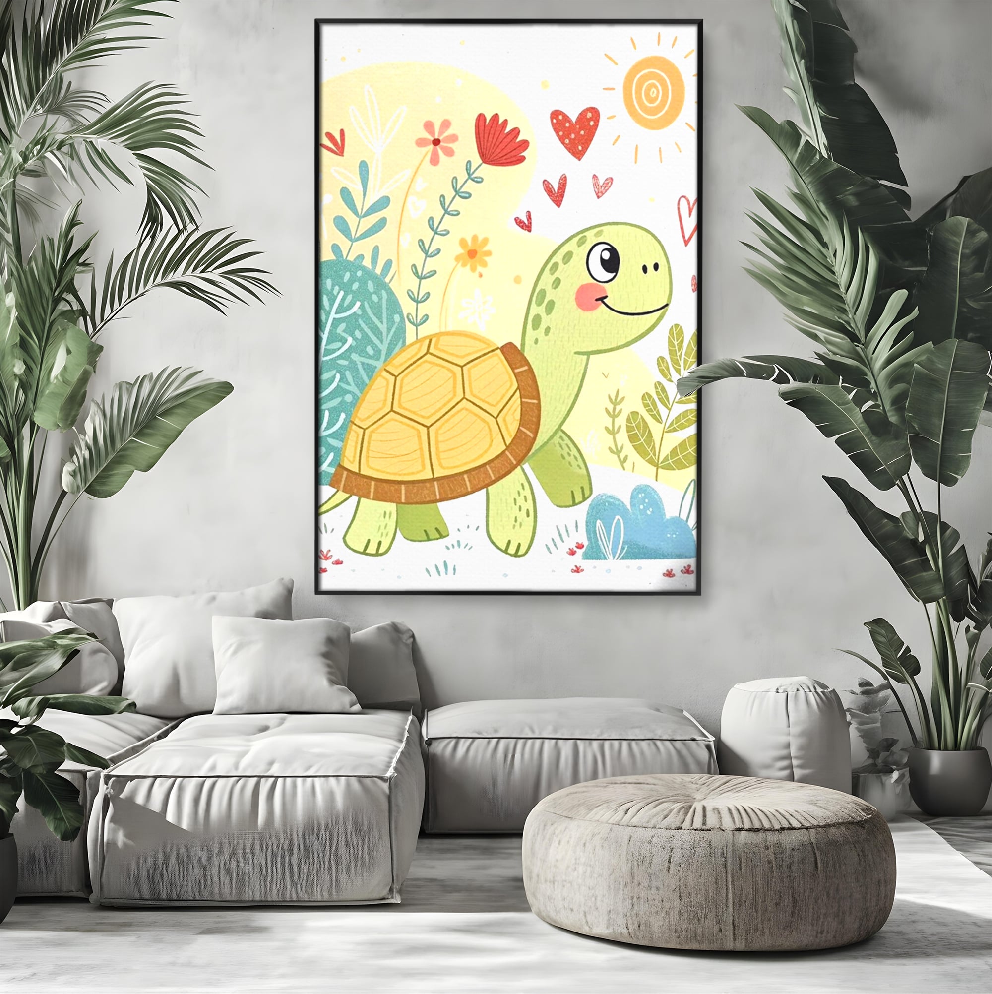 Tablou Canvas Premium, LuxCanva® K1043, Zambet din Carapace, Testoasa, Broasca, Gradina, Aventura, Soare, Curaj, Plimbare, Inimi, Flori, Copilaresc, Natura, Colorat, Camera Copil, Dormitor
