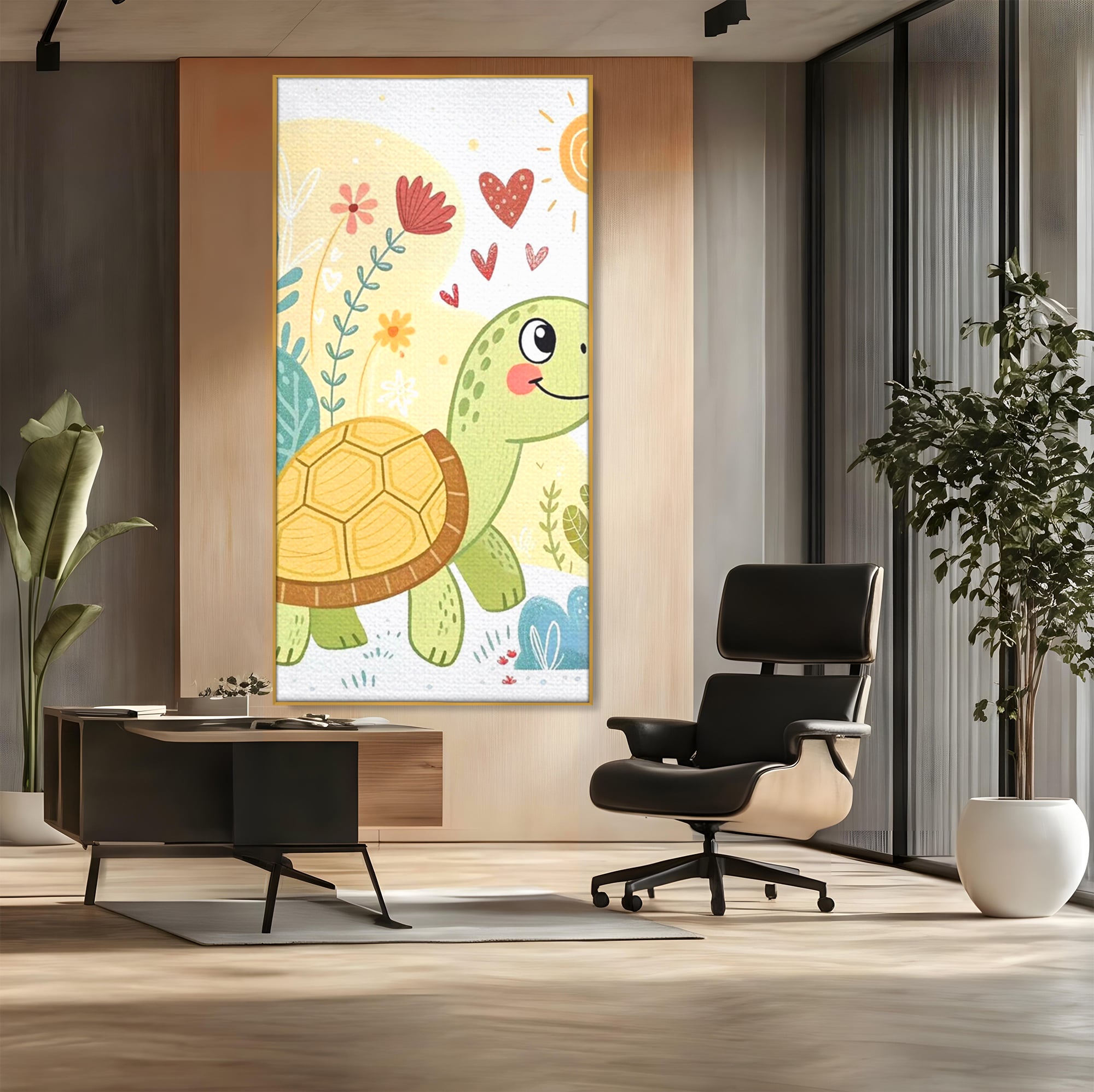 Tablou Canvas Premium, LuxCanva® K1043, Zambet din Carapace, Testoasa, Broasca, Gradina, Aventura, Soare, Curaj, Plimbare, Inimi, Flori, Copilaresc, Natura, Colorat, Camera Copil, Dormitor