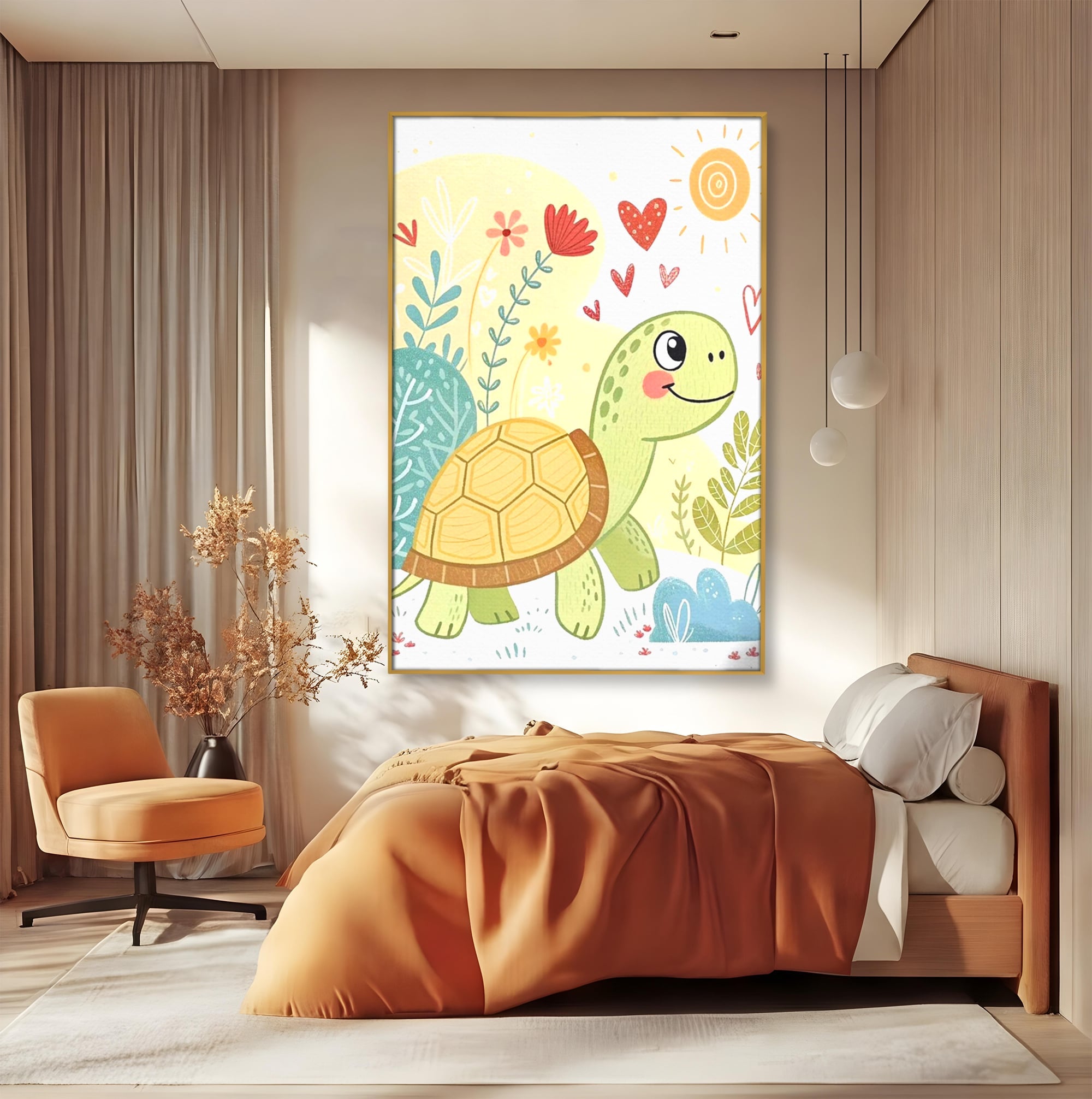 Tablou Canvas Premium, LuxCanva® K1043, Zambet din Carapace, Testoasa, Broasca, Gradina, Aventura, Soare, Curaj, Plimbare, Inimi, Flori, Copilaresc, Natura, Colorat, Camera Copil, Dormitor