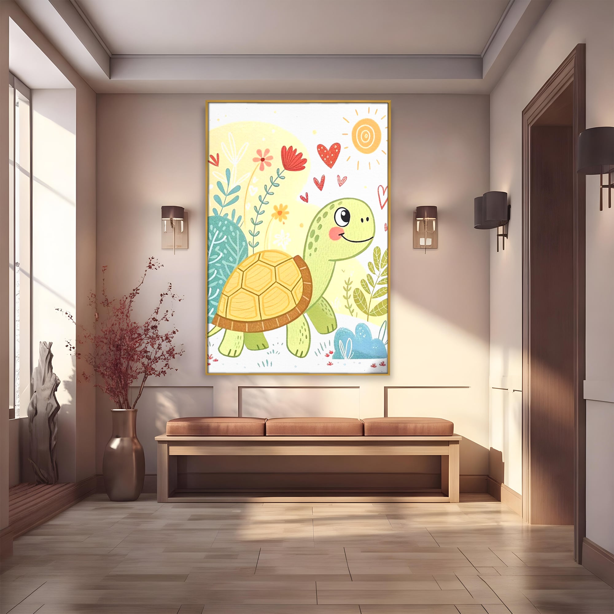 Tablou Canvas Premium, LuxCanva® K1043, Zambet din Carapace, Testoasa, Broasca, Gradina, Aventura, Soare, Curaj, Plimbare, Inimi, Flori, Copilaresc, Natura, Colorat, Camera Copil, Dormitor