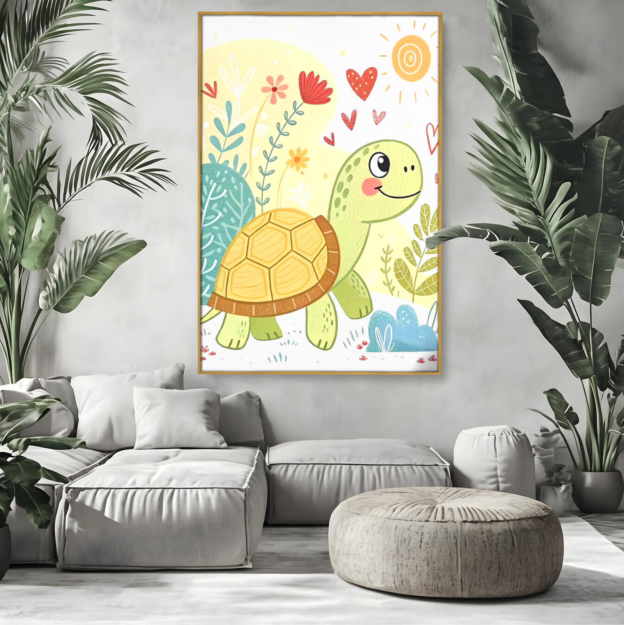 Tablou Canvas Premium, LuxCanva® K1043, Zambet din Carapace, Testoasa, Broasca, Gradina, Aventura, Soare, Curaj, Plimbare, Inimi, Flori, Copilaresc, Natura, Colorat, Camera Copil, Dormitor