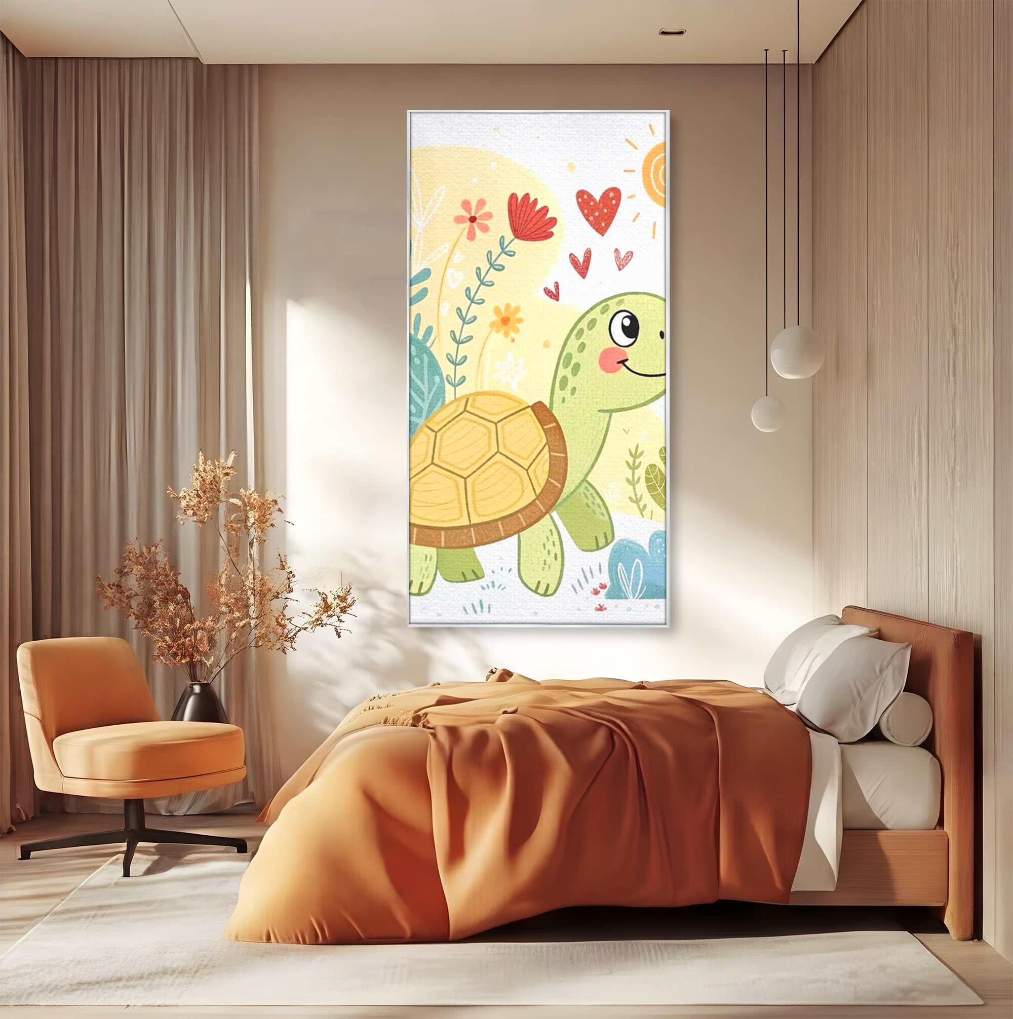 Tablou Canvas Premium, LuxCanva® K1043, Zambet din Carapace, Testoasa, Broasca, Gradina, Aventura, Soare, Curaj, Plimbare, Inimi, Flori, Copilaresc, Natura, Colorat, Camera Copil, Dormitor