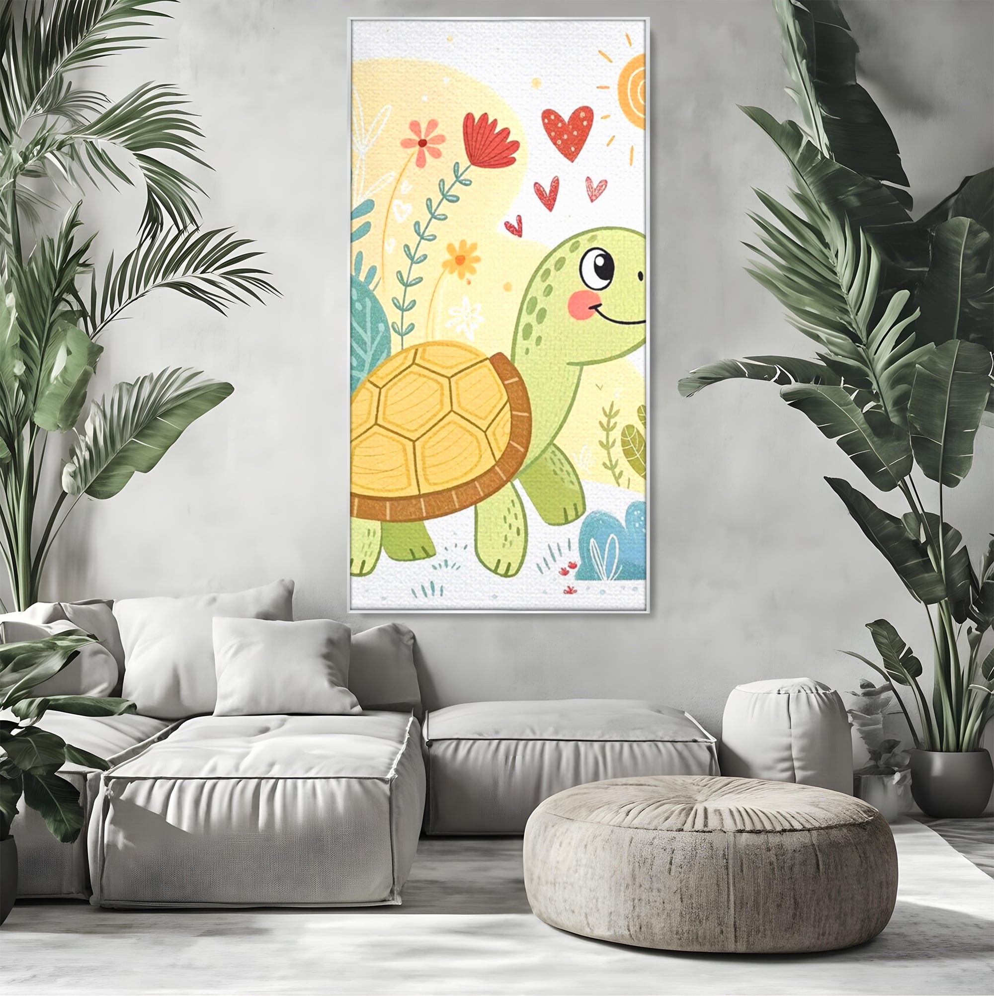 Tablou Canvas Premium, LuxCanva® K1043, Zambet din Carapace, Testoasa, Broasca, Gradina, Aventura, Soare, Curaj, Plimbare, Inimi, Flori, Copilaresc, Natura, Colorat, Camera Copil, Dormitor