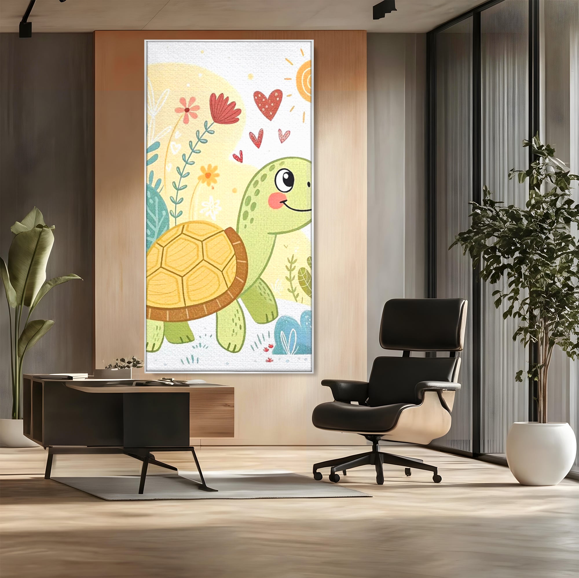 Tablou Canvas Premium, LuxCanva® K1043, Zambet din Carapace, Testoasa, Broasca, Gradina, Aventura, Soare, Curaj, Plimbare, Inimi, Flori, Copilaresc, Natura, Colorat, Camera Copil, Dormitor