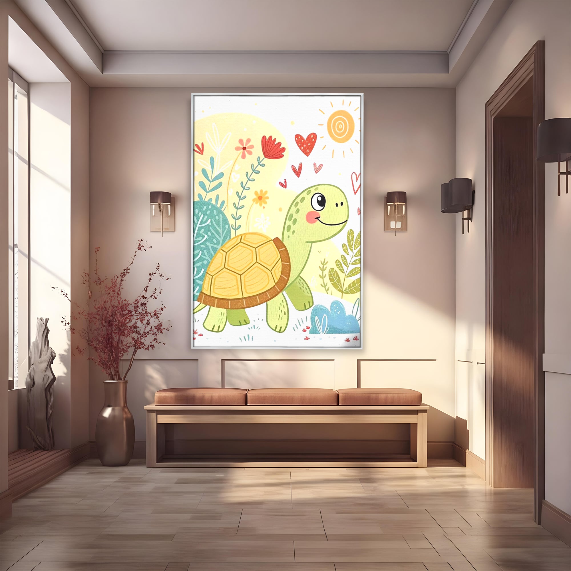 Tablou Canvas Premium, LuxCanva® K1043, Zambet din Carapace, Testoasa, Broasca, Gradina, Aventura, Soare, Curaj, Plimbare, Inimi, Flori, Copilaresc, Natura, Colorat, Camera Copil, Dormitor