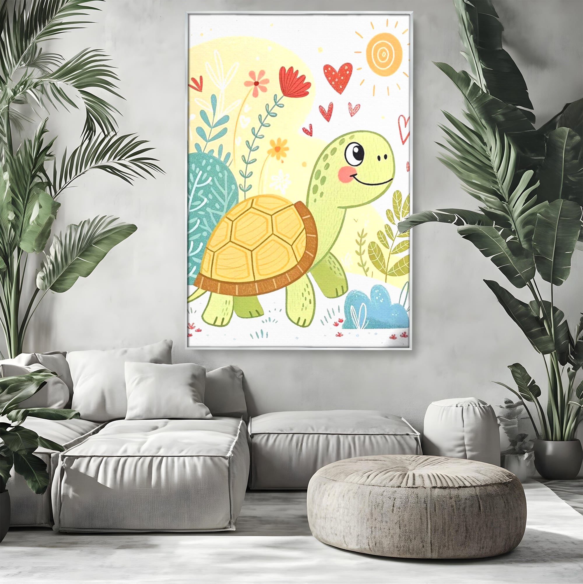Tablou Canvas Premium, LuxCanva® K1043, Zambet din Carapace, Testoasa, Broasca, Gradina, Aventura, Soare, Curaj, Plimbare, Inimi, Flori, Copilaresc, Natura, Colorat, Camera Copil, Dormitor