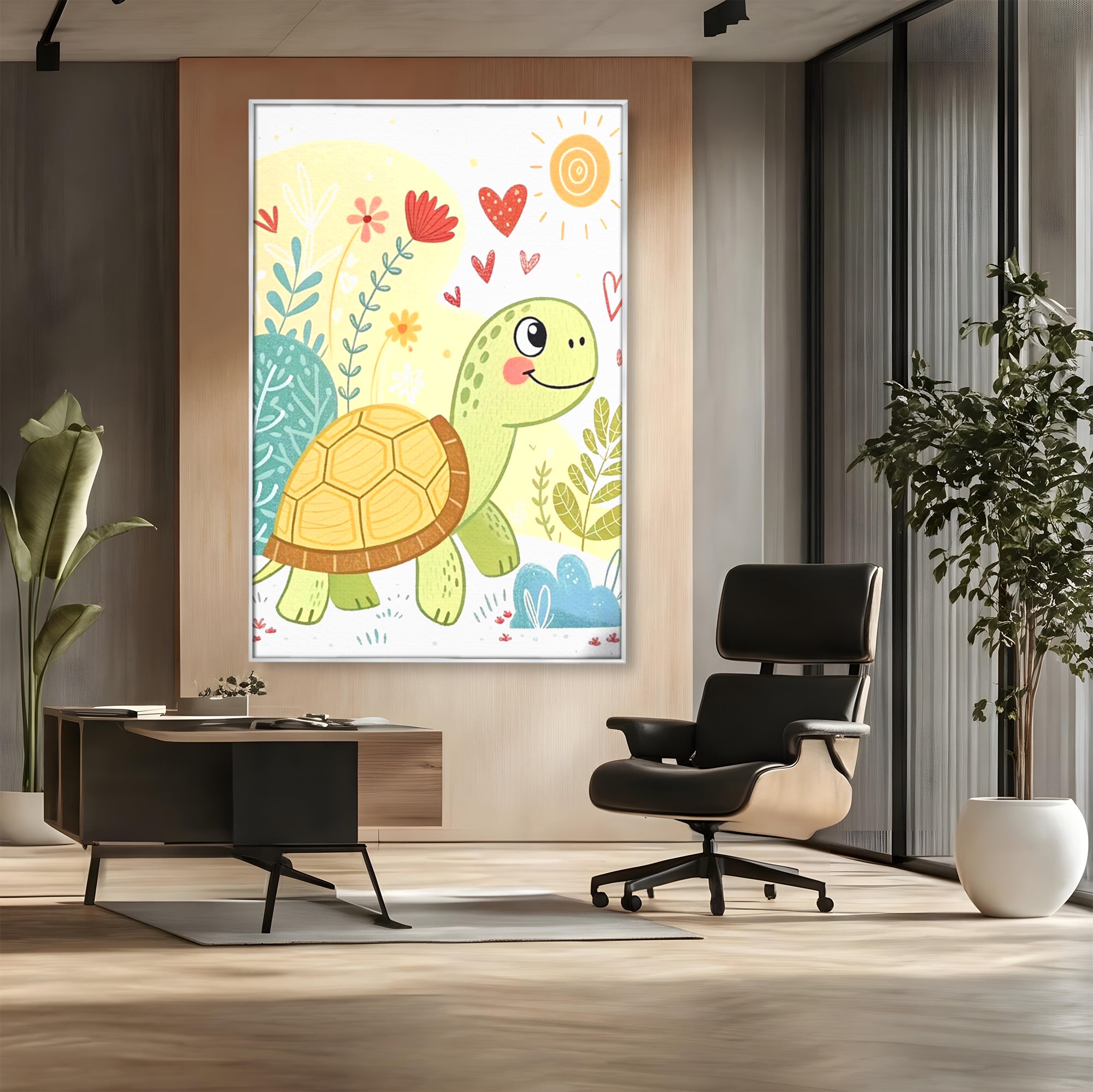 Tablou Canvas Premium, LuxCanva® K1043, Zambet din Carapace, Testoasa, Broasca, Gradina, Aventura, Soare, Curaj, Plimbare, Inimi, Flori, Copilaresc, Natura, Colorat, Camera Copil, Dormitor