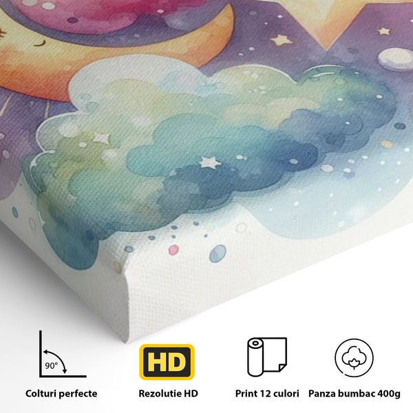 Leinwand Wandkunst Canvas Premium, LuxCanva® K1044, Traumstern, Mond, Sterne, Wolken, Aquarell, Himmel, Nacht, Traum, Nachttraum, Glitzern, Fantasie, Kindheit, Kosmos, Babyzimmer, Schlafzimmer