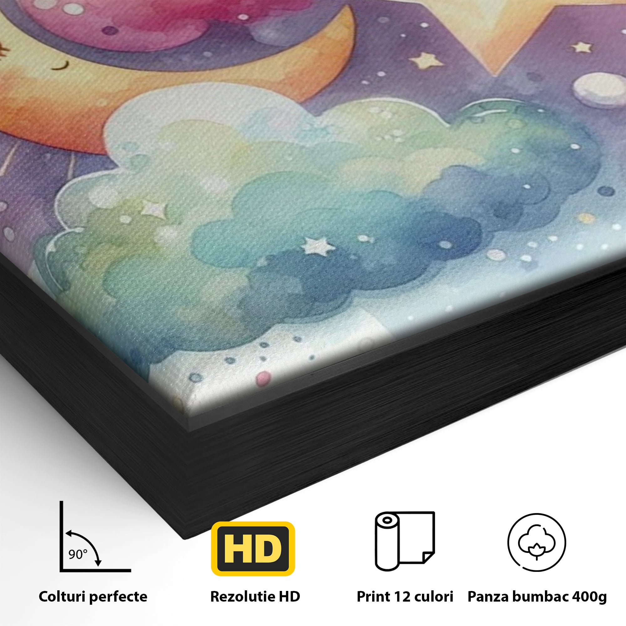 Leinwand Wandkunst Canvas Premium, LuxCanva® K1044, Traumstern, Mond, Sterne, Wolken, Aquarell, Himmel, Nacht, Traum, Nachttraum, Glitzern, Fantasie, Kindheit, Kosmos, Babyzimmer, Schlafzimmer