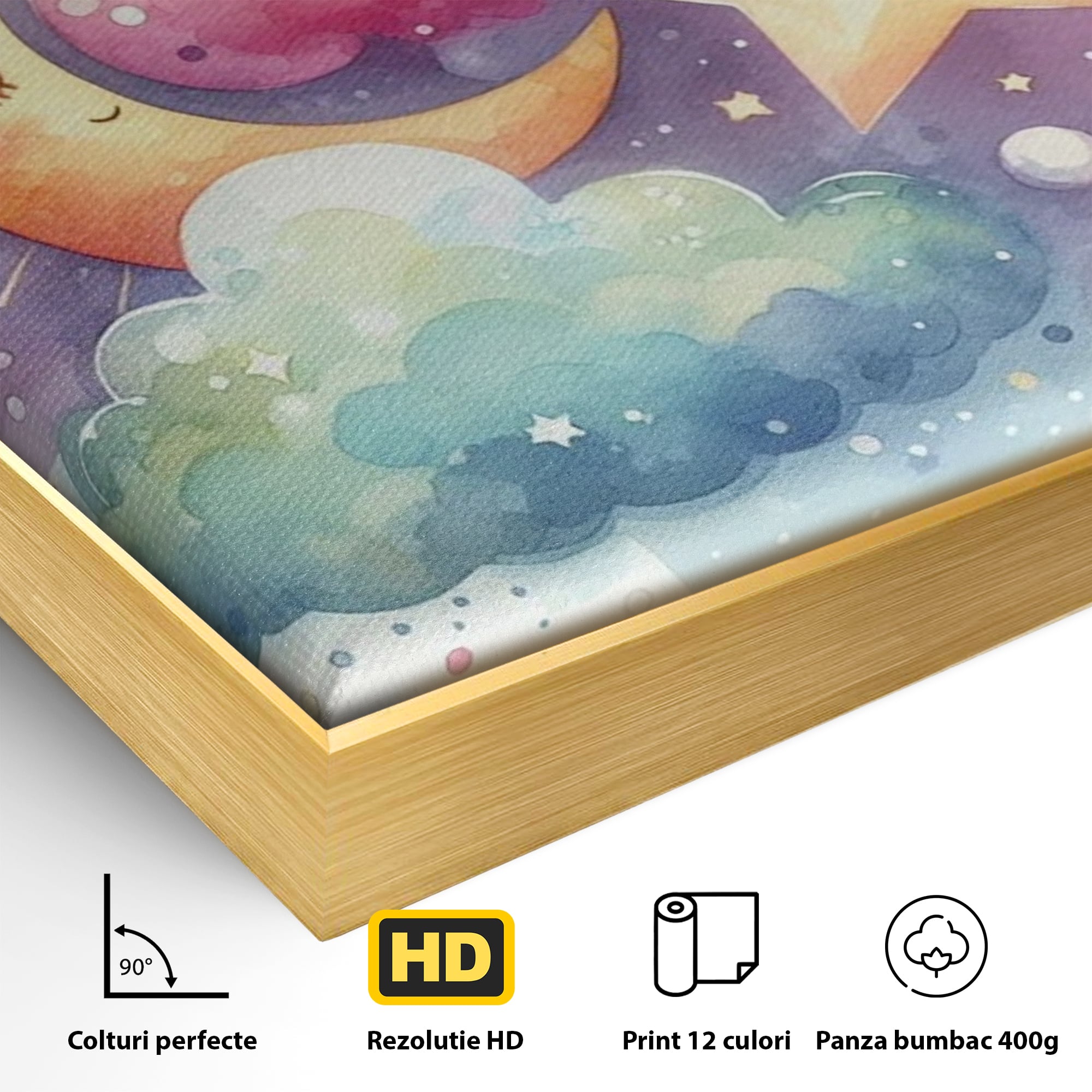 Leinwand Wandkunst Canvas Premium, LuxCanva® K1044, Traumstern, Mond, Sterne, Wolken, Aquarell, Himmel, Nacht, Traum, Nachttraum, Glitzern, Fantasie, Kindheit, Kosmos, Babyzimmer, Schlafzimmer