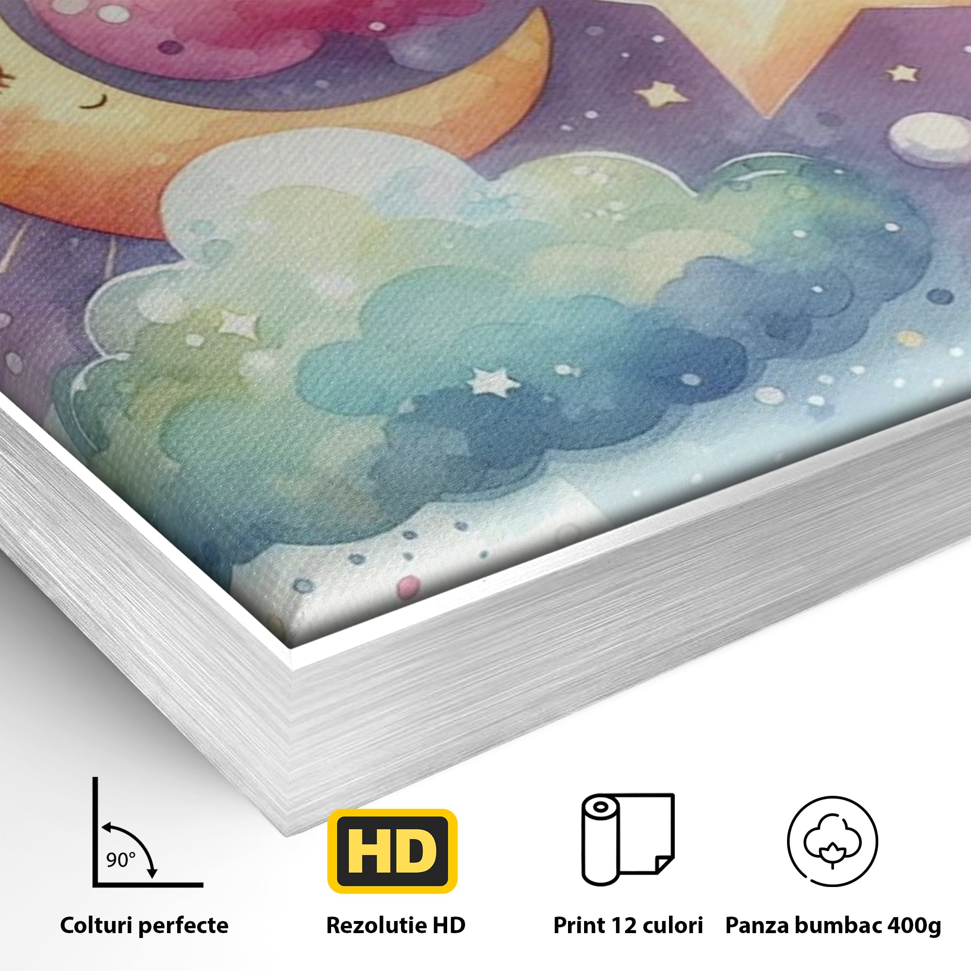 Leinwand Wandkunst Canvas Premium, LuxCanva® K1044, Traumstern, Mond, Sterne, Wolken, Aquarell, Himmel, Nacht, Traum, Nachttraum, Glitzern, Fantasie, Kindheit, Kosmos, Babyzimmer, Schlafzimmer