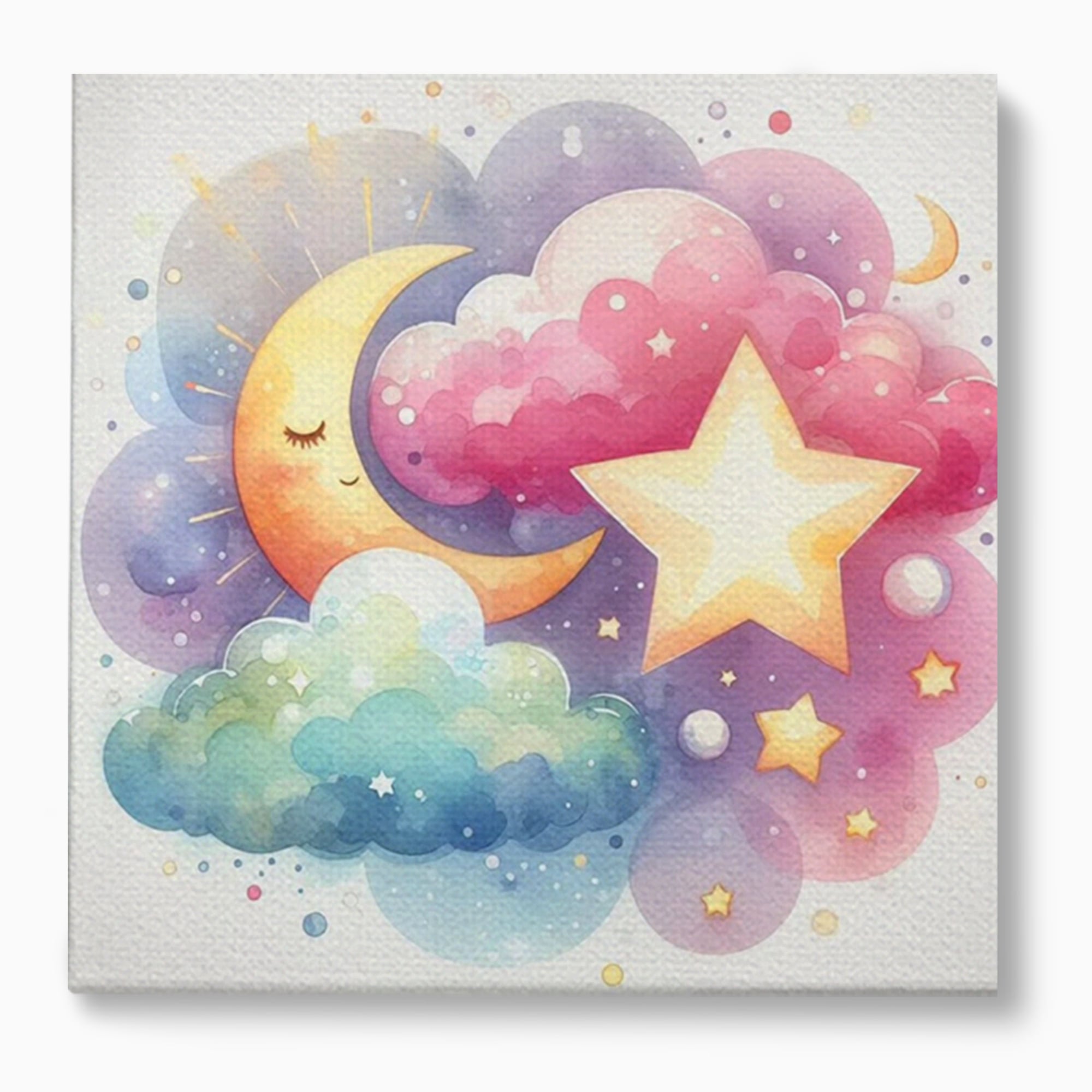 Leinwand Wandkunst Canvas Premium, LuxCanva® K1044, Traumstern, Mond, Sterne, Wolken, Aquarell, Himmel, Nacht, Traum, Nachttraum, Glitzern, Fantasie, Kindheit, Kosmos, Babyzimmer, Schlafzimmer
