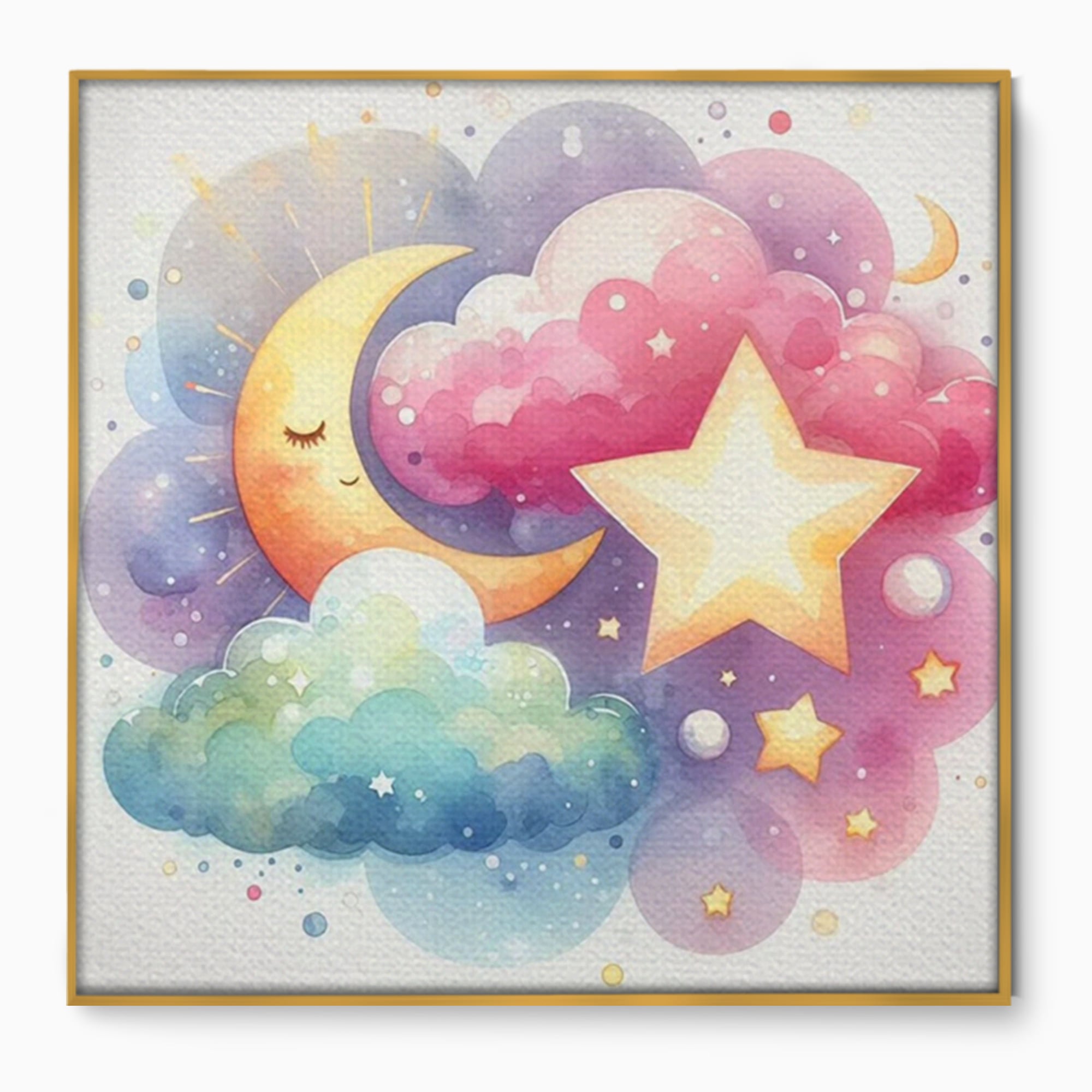 Leinwand Wandkunst Canvas Premium, LuxCanva® K1044, Traumstern, Mond, Sterne, Wolken, Aquarell, Himmel, Nacht, Traum, Nachttraum, Glitzern, Fantasie, Kindheit, Kosmos, Babyzimmer, Schlafzimmer