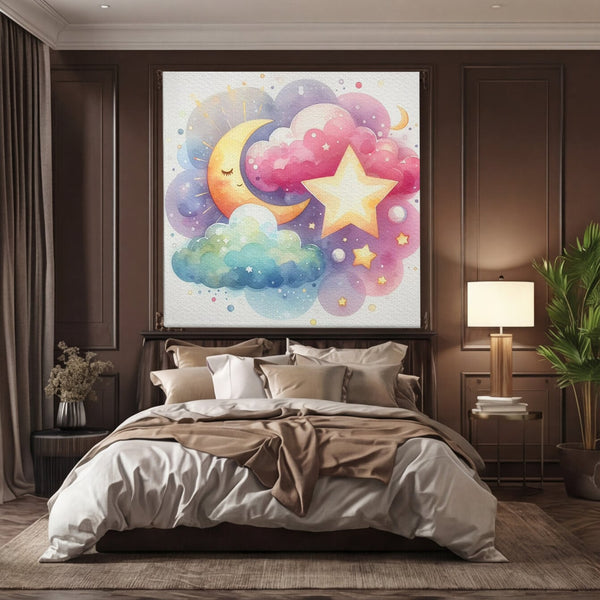 Leinwand Wandkunst Canvas Premium, LuxCanva® K1044, Traumstern, Mond, Sterne, Wolken, Aquarell, Himmel, Nacht, Traum, Nachttraum, Glitzern, Fantasie, Kindheit, Kosmos, Babyzimmer, Schlafzimmer