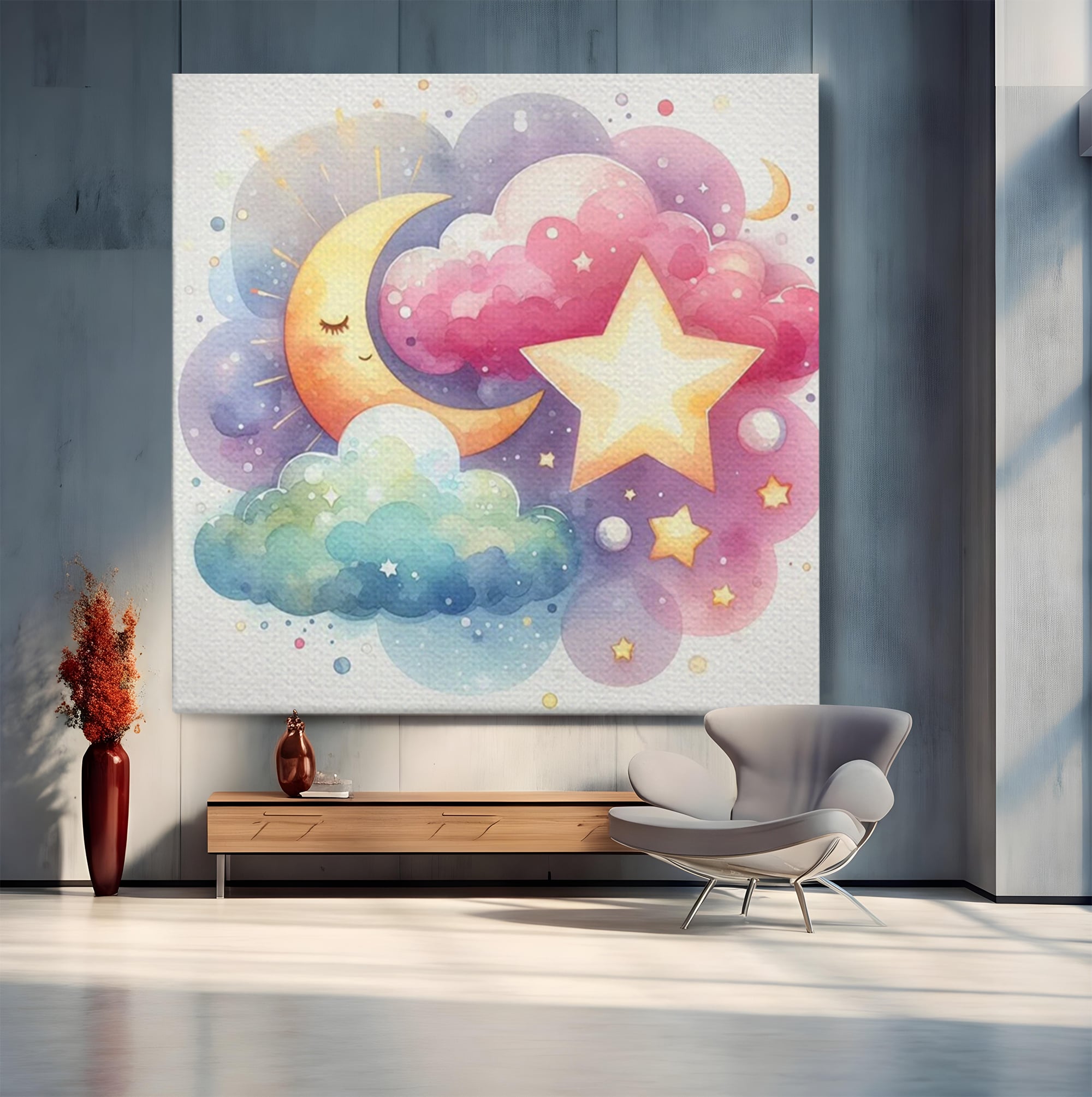 Leinwand Wandkunst Canvas Premium, LuxCanva® K1044, Traumstern, Mond, Sterne, Wolken, Aquarell, Himmel, Nacht, Traum, Nachttraum, Glitzern, Fantasie, Kindheit, Kosmos, Babyzimmer, Schlafzimmer