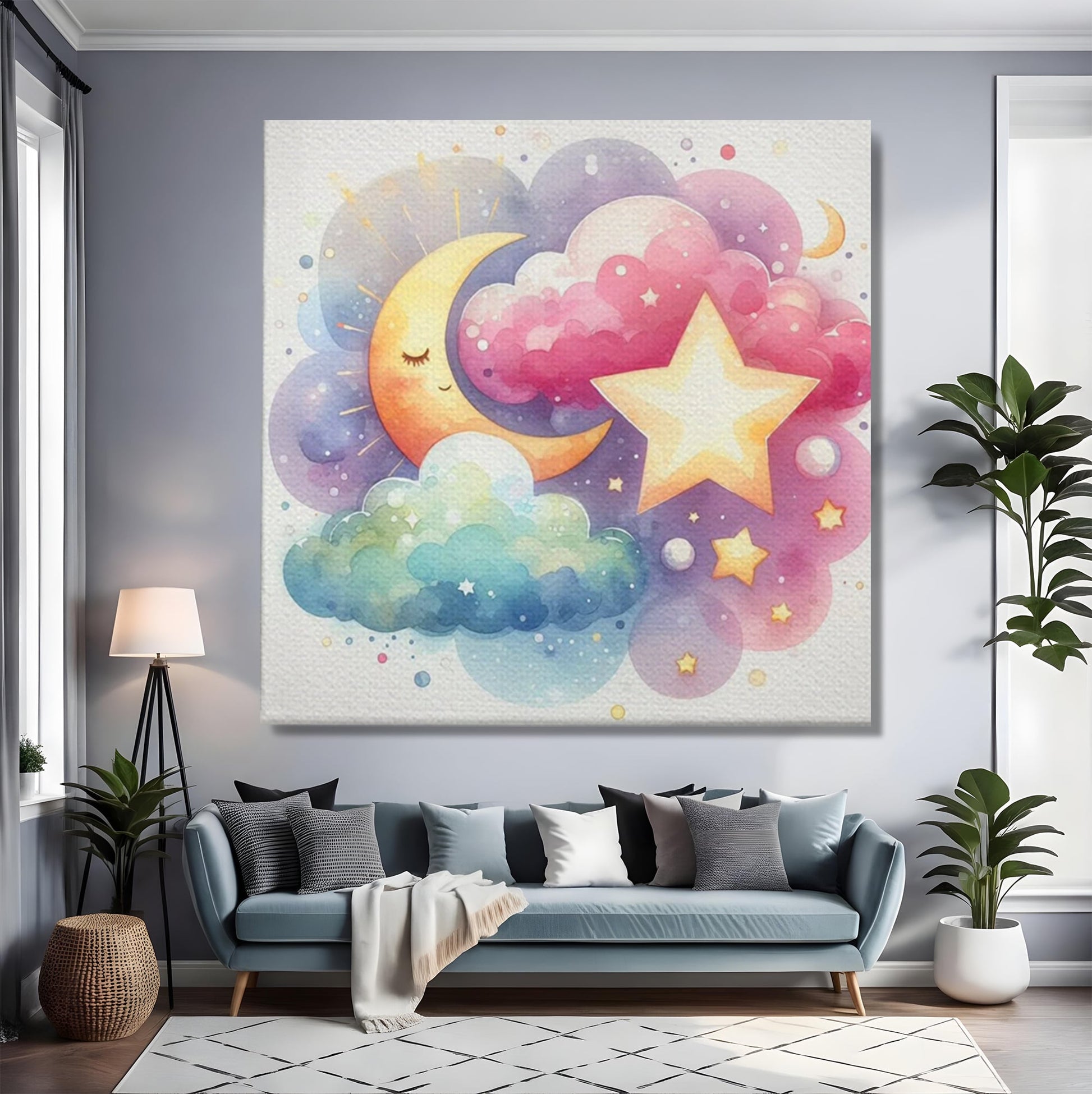 Leinwand Wandkunst Canvas Premium, LuxCanva® K1044, Traumstern, Mond, Sterne, Wolken, Aquarell, Himmel, Nacht, Traum, Nachttraum, Glitzern, Fantasie, Kindheit, Kosmos, Babyzimmer, Schlafzimmer