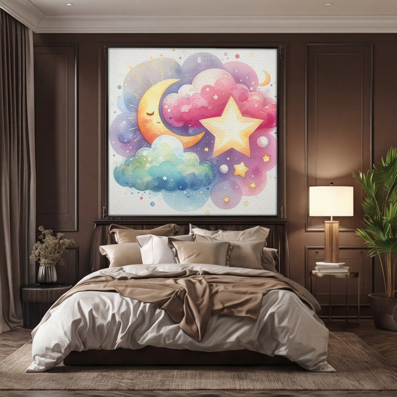 Leinwand Wandkunst Canvas Premium, LuxCanva® K1044, Traumstern, Mond, Sterne, Wolken, Aquarell, Himmel, Nacht, Traum, Nachttraum, Glitzern, Fantasie, Kindheit, Kosmos, Babyzimmer, Schlafzimmer