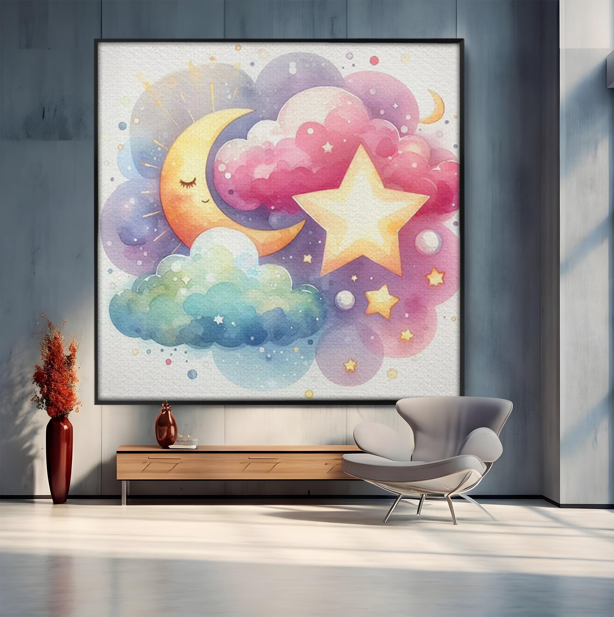 Leinwand Wandkunst Canvas Premium, LuxCanva® K1044, Traumstern, Mond, Sterne, Wolken, Aquarell, Himmel, Nacht, Traum, Nachttraum, Glitzern, Fantasie, Kindheit, Kosmos, Babyzimmer, Schlafzimmer