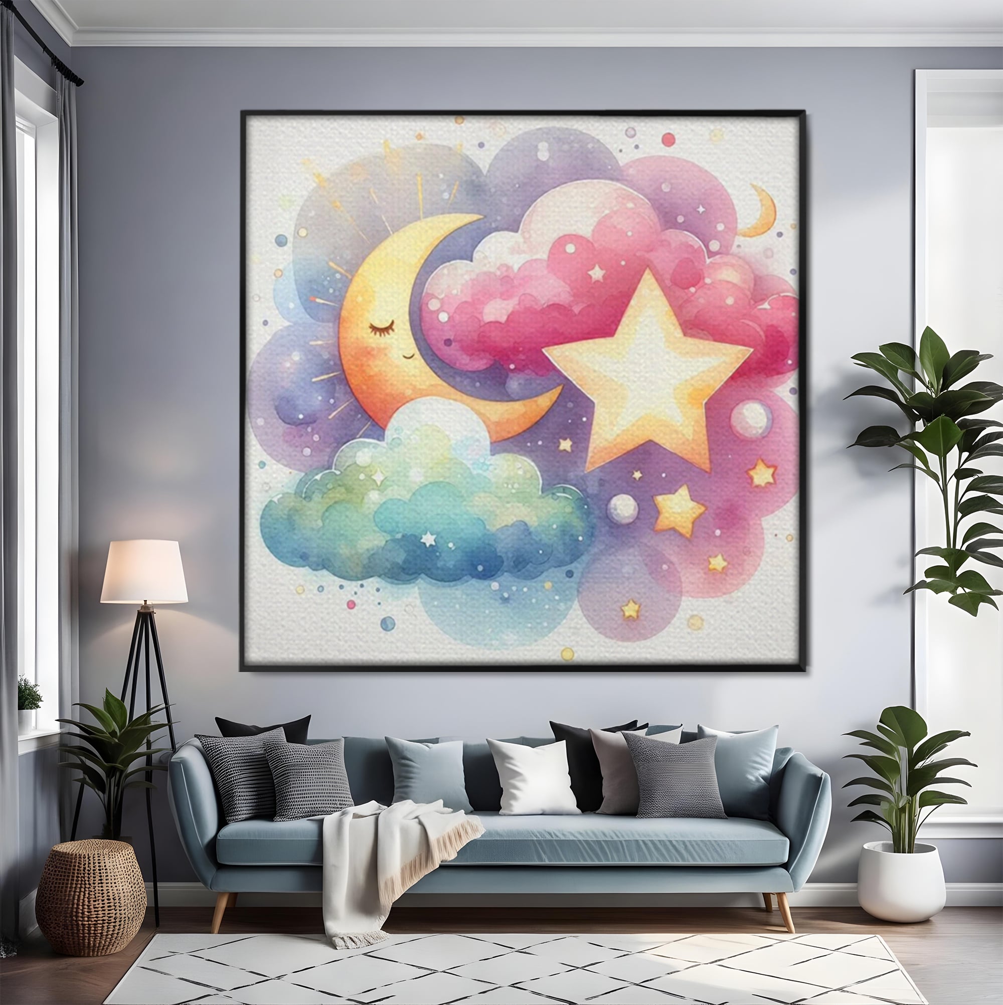 Leinwand Wandkunst Canvas Premium, LuxCanva® K1044, Traumstern, Mond, Sterne, Wolken, Aquarell, Himmel, Nacht, Traum, Nachttraum, Glitzern, Fantasie, Kindheit, Kosmos, Babyzimmer, Schlafzimmer