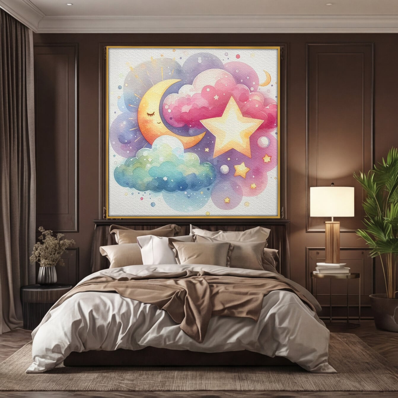 Leinwand Wandkunst Canvas Premium, LuxCanva® K1044, Traumstern, Mond, Sterne, Wolken, Aquarell, Himmel, Nacht, Traum, Nachttraum, Glitzern, Fantasie, Kindheit, Kosmos, Babyzimmer, Schlafzimmer