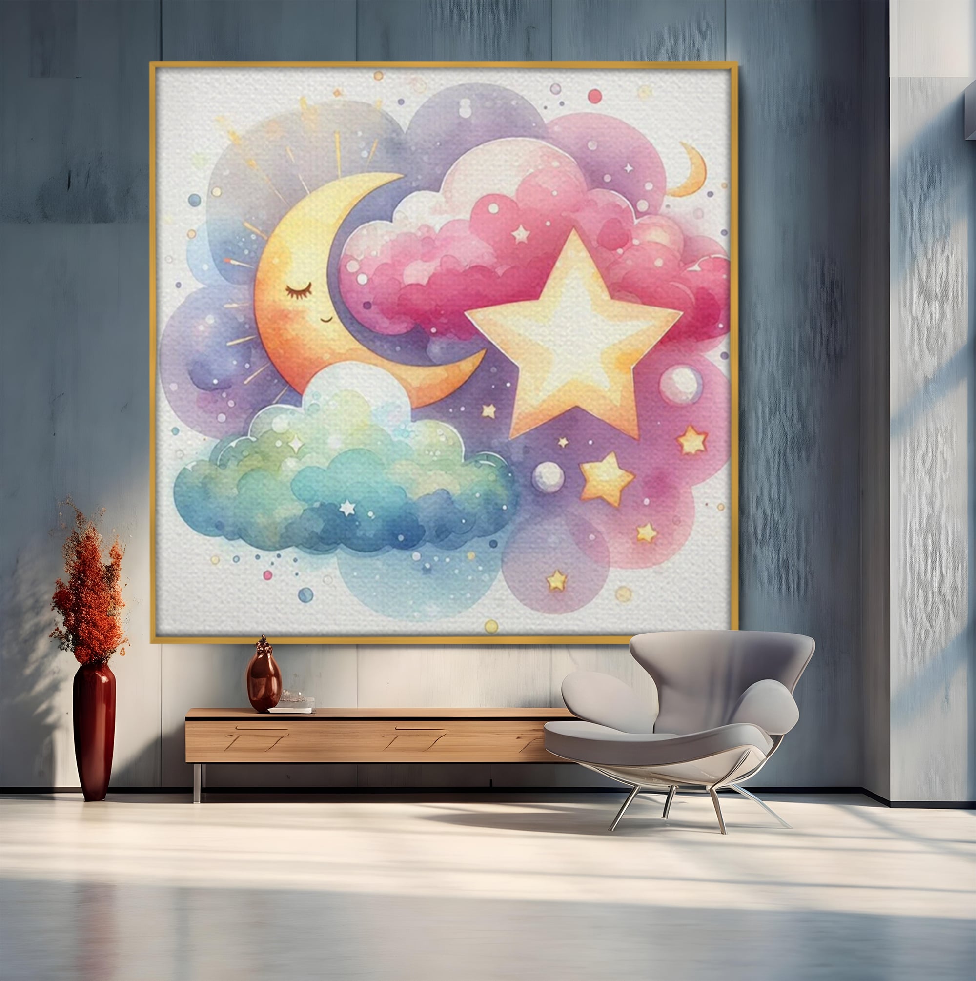 Leinwand Wandkunst Canvas Premium, LuxCanva® K1044, Traumstern, Mond, Sterne, Wolken, Aquarell, Himmel, Nacht, Traum, Nachttraum, Glitzern, Fantasie, Kindheit, Kosmos, Babyzimmer, Schlafzimmer