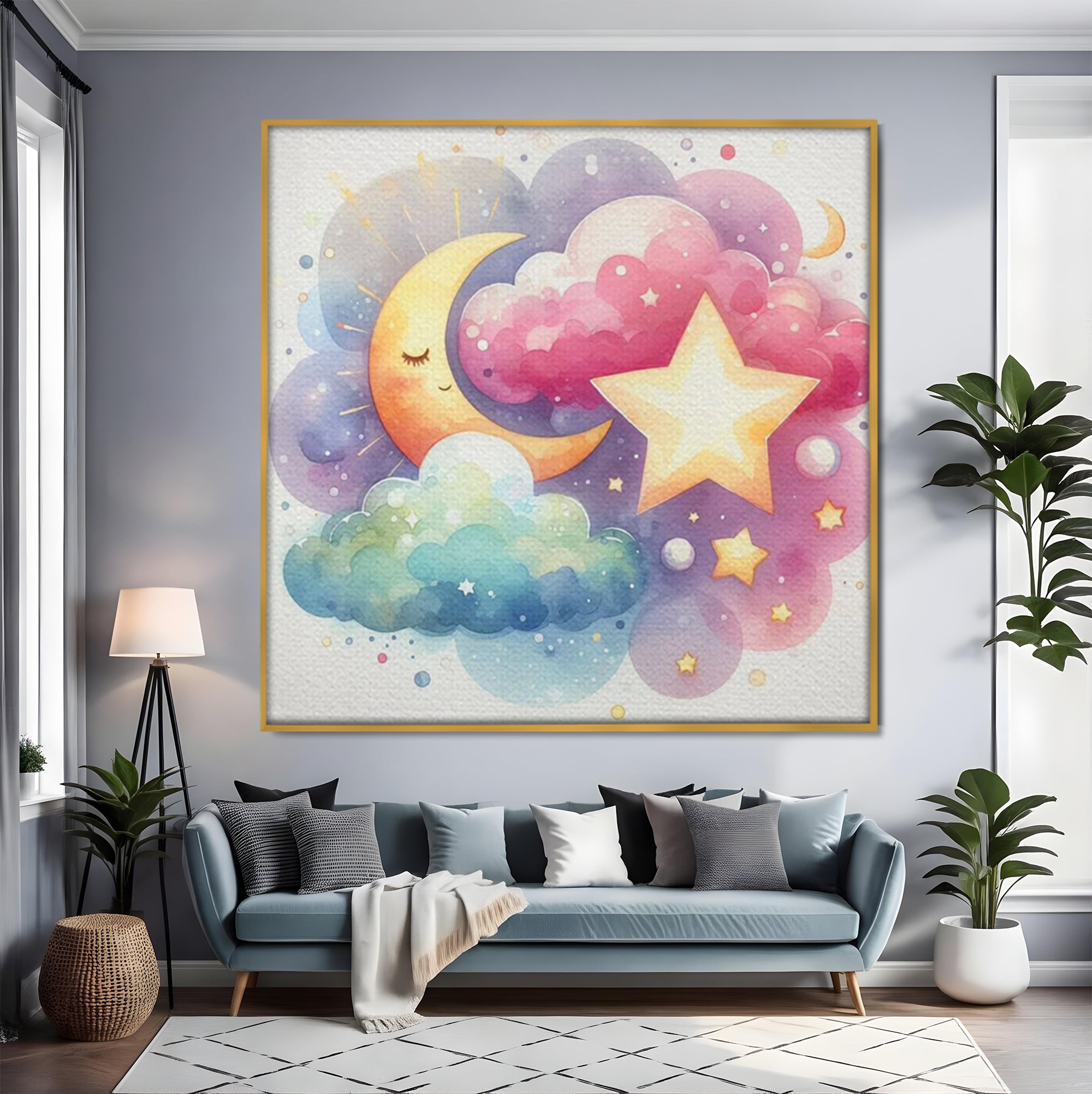 Leinwand Wandkunst Canvas Premium, LuxCanva® K1044, Traumstern, Mond, Sterne, Wolken, Aquarell, Himmel, Nacht, Traum, Nachttraum, Glitzern, Fantasie, Kindheit, Kosmos, Babyzimmer, Schlafzimmer