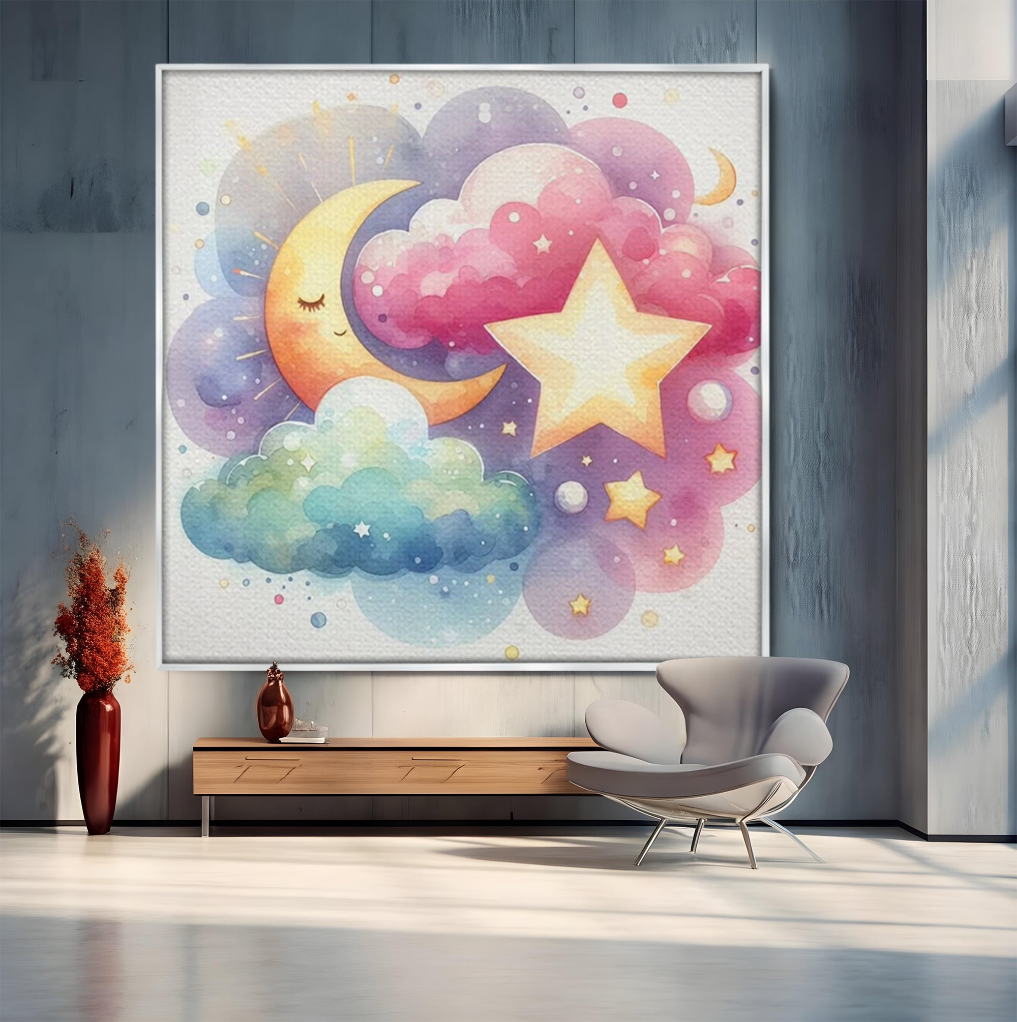 Leinwand Wandkunst Canvas Premium, LuxCanva® K1044, Traumstern, Mond, Sterne, Wolken, Aquarell, Himmel, Nacht, Traum, Nachttraum, Glitzern, Fantasie, Kindheit, Kosmos, Babyzimmer, Schlafzimmer