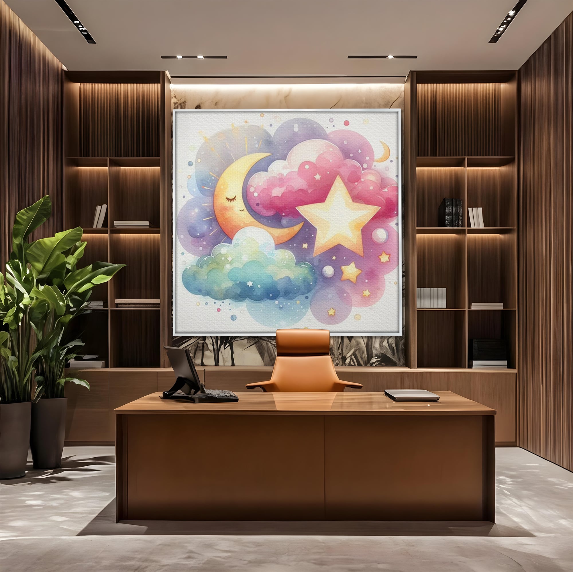Leinwand Wandkunst Canvas Premium, LuxCanva® K1044, Traumstern, Mond, Sterne, Wolken, Aquarell, Himmel, Nacht, Traum, Nachttraum, Glitzern, Fantasie, Kindheit, Kosmos, Babyzimmer, Schlafzimmer
