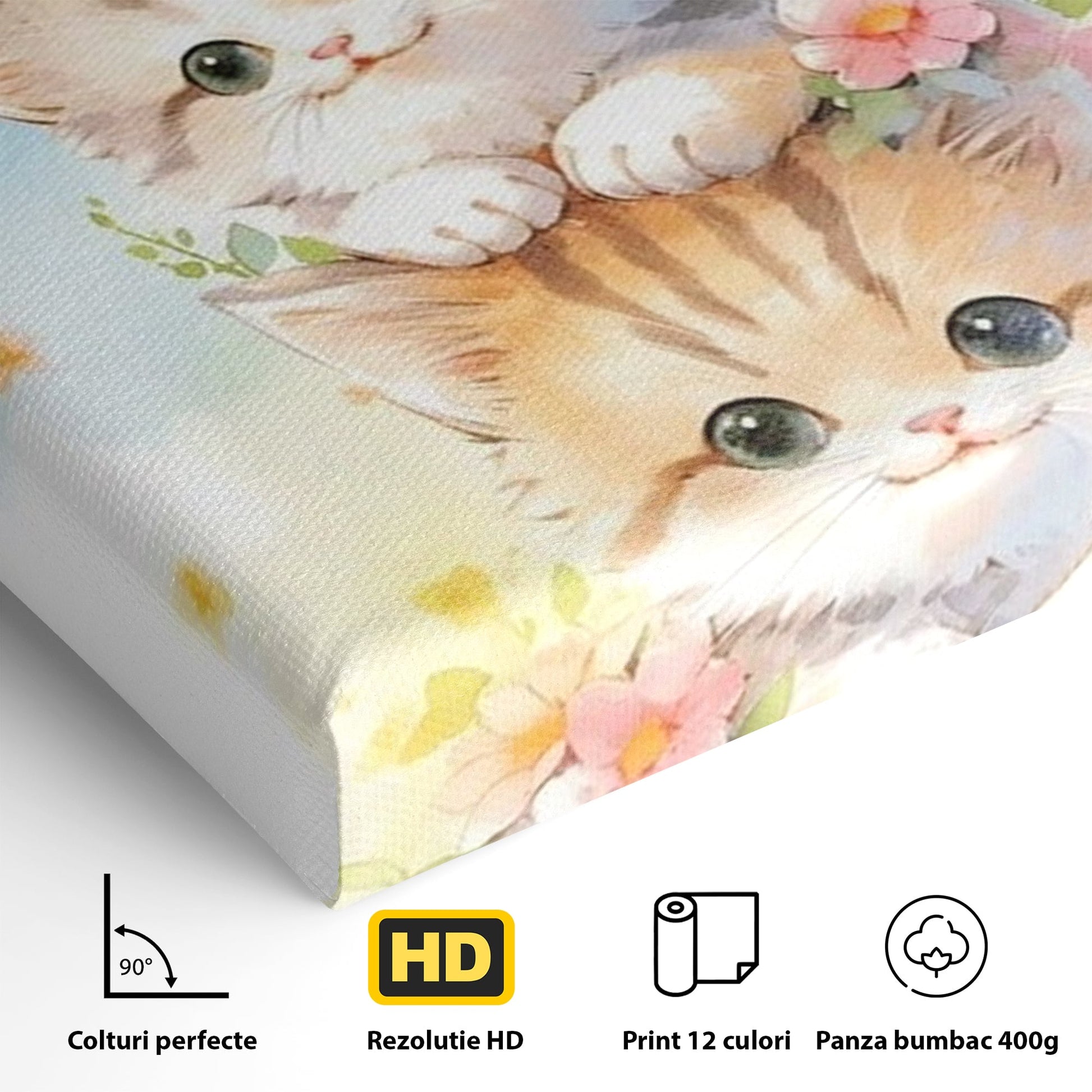 Tablou Canvas Premium, LuxCanva® K1045, Turnuletul Fratiorilor Pufosi, Pisicute, Felina, Pui, Pastel, Flori, Prietenie, Jucaus, Inocenta, Natura, Joaca, Veselie, Distractie, Camera Copil, Dormitor