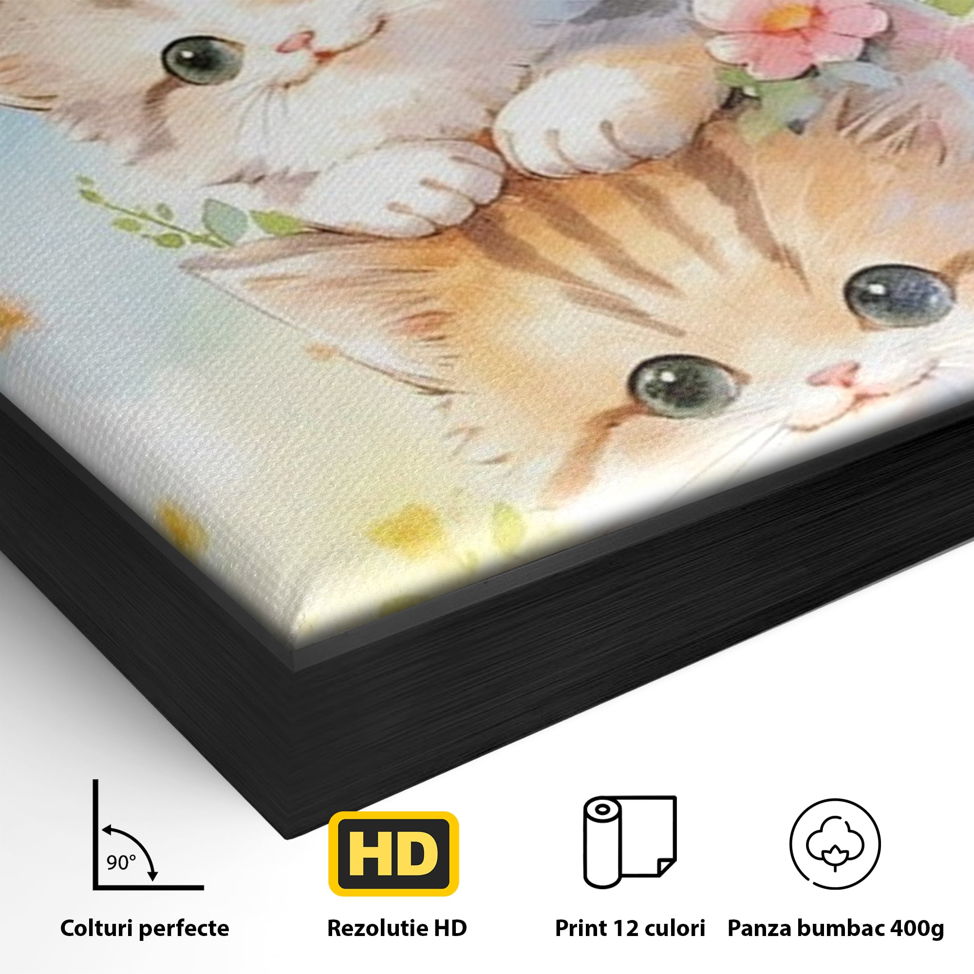 Tablou Canvas Premium, LuxCanva® K1045, Turnuletul Fratiorilor Pufosi, Pisicute, Felina, Pui, Pastel, Flori, Prietenie, Jucaus, Inocenta, Natura, Joaca, Veselie, Distractie, Camera Copil, Dormitor