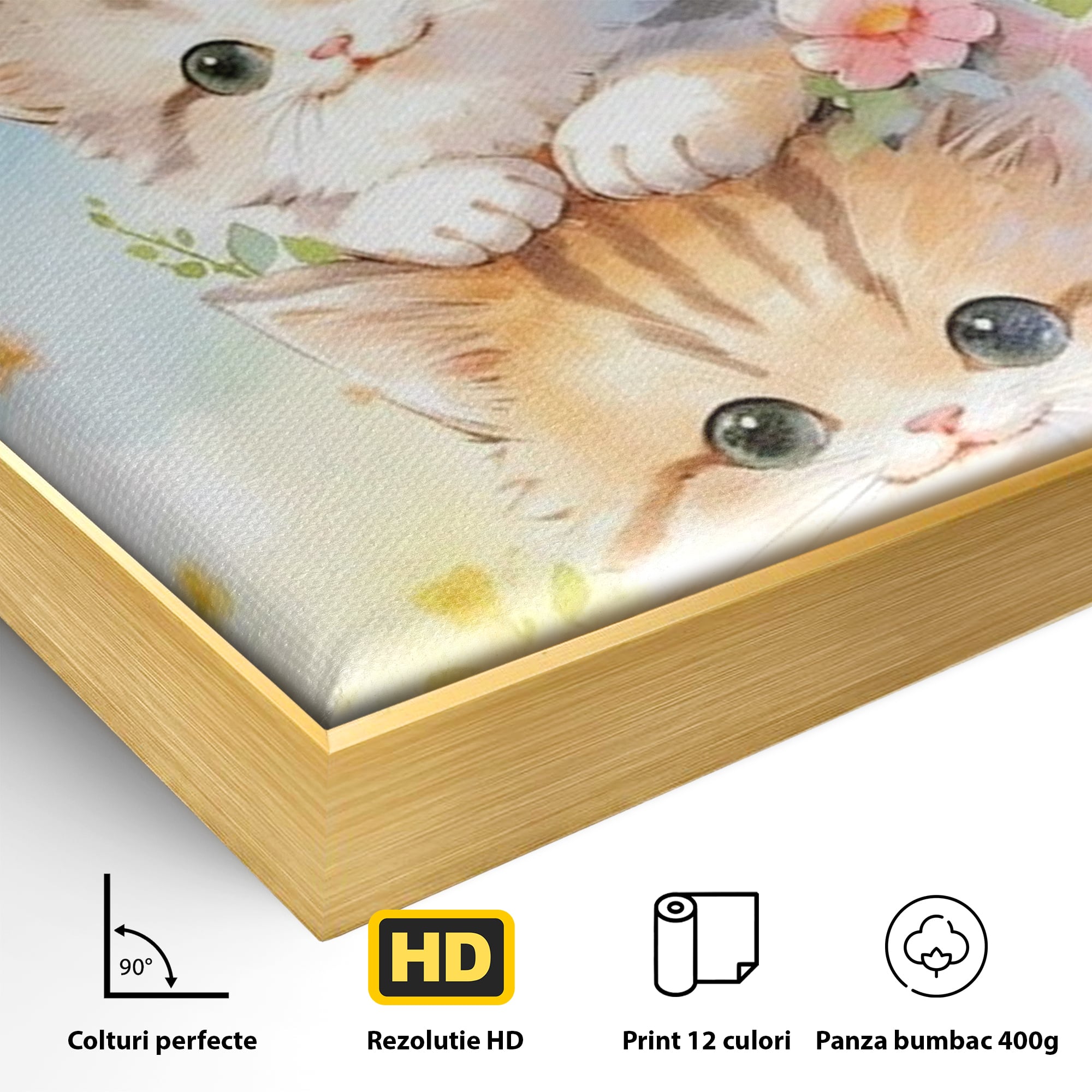 Tablou Canvas Premium, LuxCanva® K1045, Turnuletul Fratiorilor Pufosi, Pisicute, Felina, Pui, Pastel, Flori, Prietenie, Jucaus, Inocenta, Natura, Joaca, Veselie, Distractie, Camera Copil, Dormitor