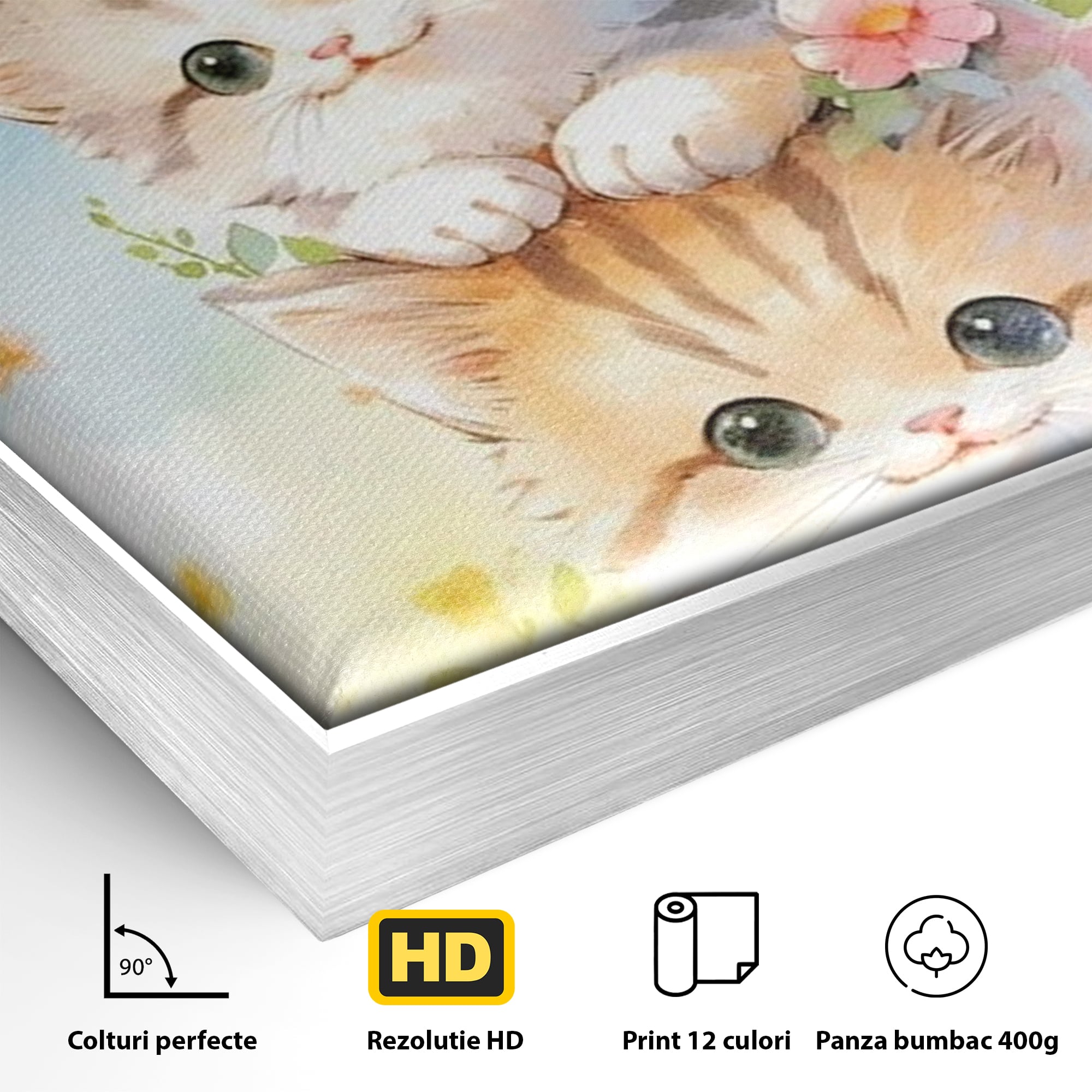 Tablou Canvas Premium, LuxCanva® K1045, Turnuletul Fratiorilor Pufosi, Pisicute, Felina, Pui, Pastel, Flori, Prietenie, Jucaus, Inocenta, Natura, Joaca, Veselie, Distractie, Camera Copil, Dormitor