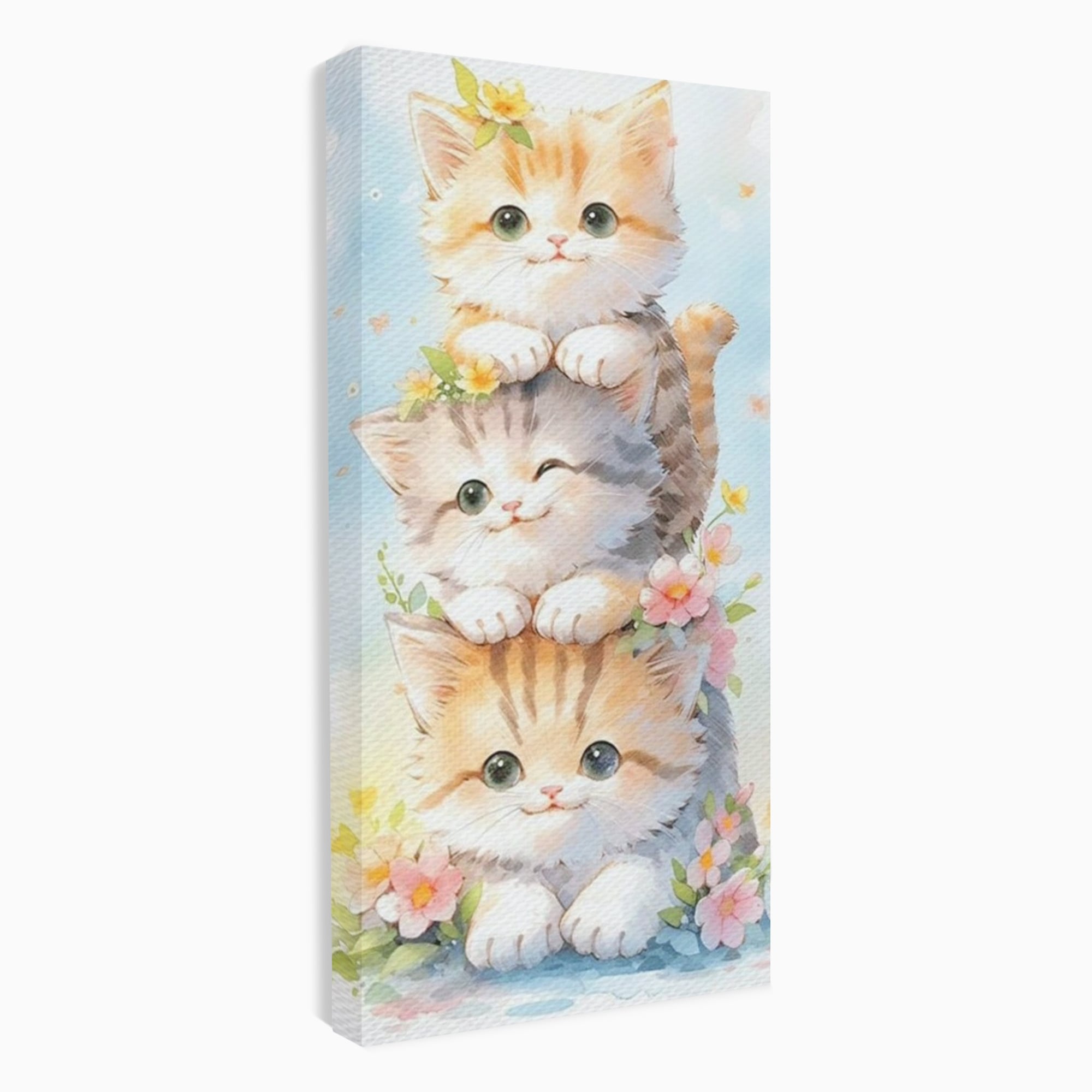 Tablou Canvas Premium, LuxCanva® K1045, Turnuletul Fratiorilor Pufosi, Pisicute, Felina, Pui, Pastel, Flori, Prietenie, Jucaus, Inocenta, Natura, Joaca, Veselie, Distractie, Camera Copil, Dormitor