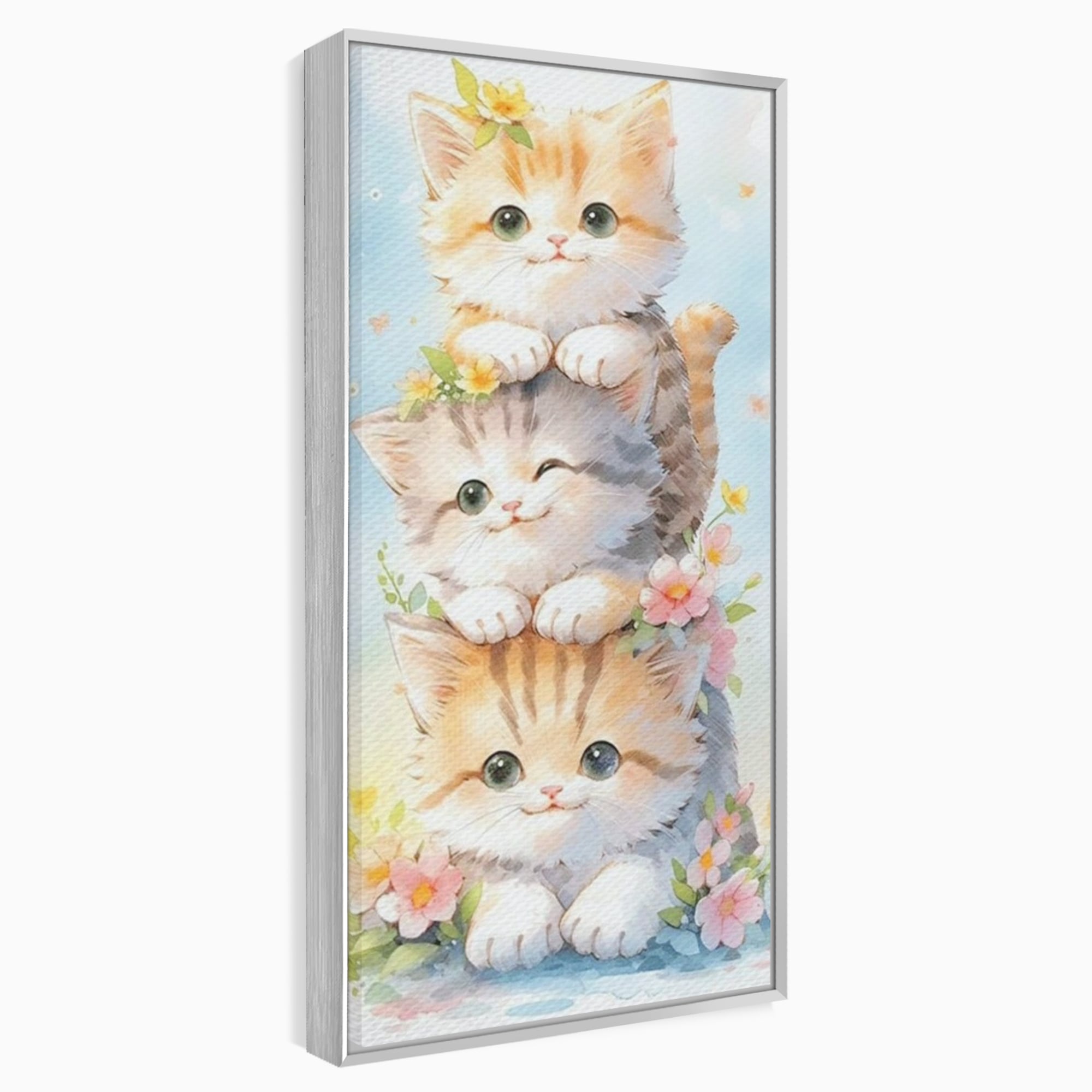 Tablou Canvas Premium, LuxCanva® K1045, Turnuletul Fratiorilor Pufosi, Pisicute, Felina, Pui, Pastel, Flori, Prietenie, Jucaus, Inocenta, Natura, Joaca, Veselie, Distractie, Camera Copil, Dormitor