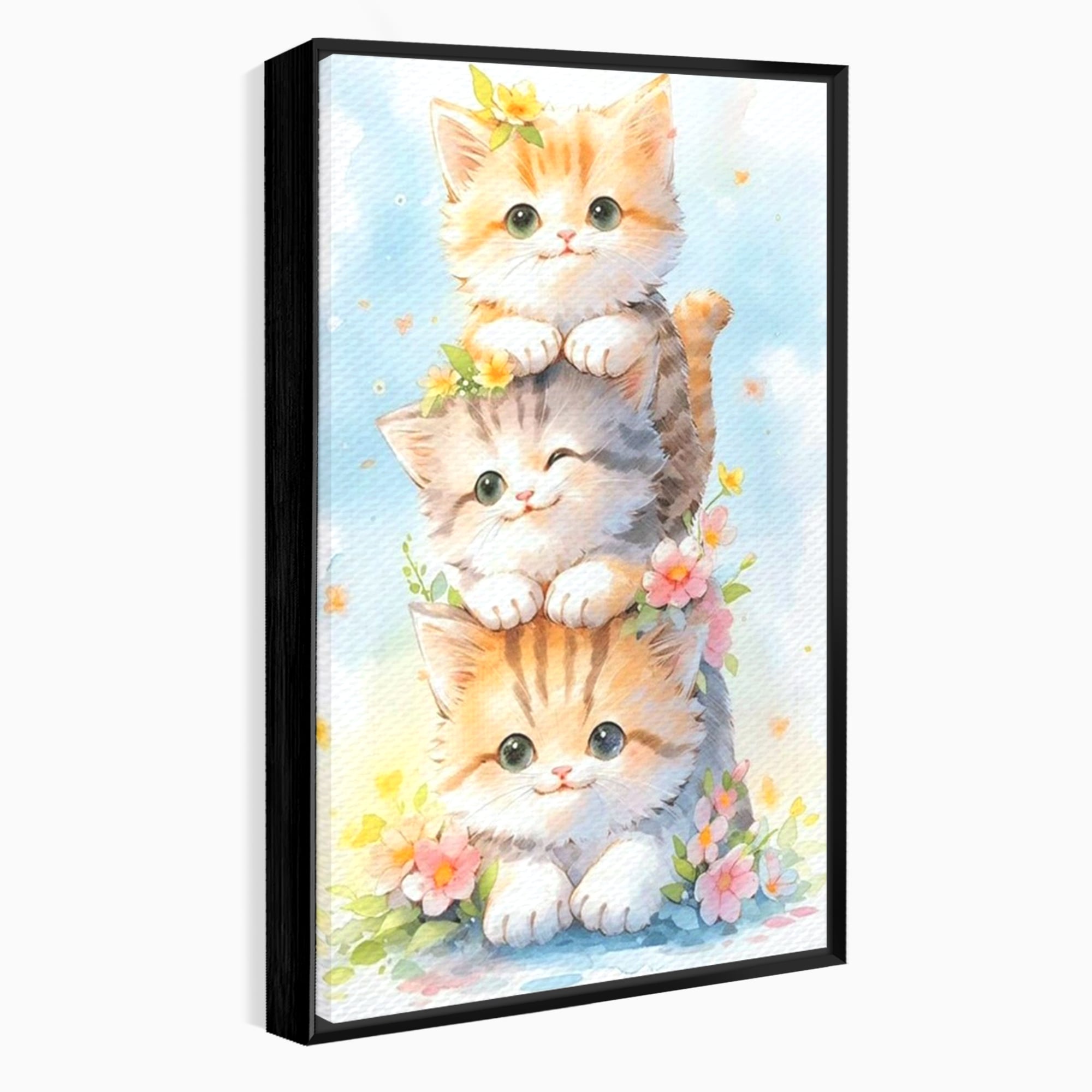 Tablou Canvas Premium, LuxCanva® K1045, Turnuletul Fratiorilor Pufosi, Pisicute, Felina, Pui, Pastel, Flori, Prietenie, Jucaus, Inocenta, Natura, Joaca, Veselie, Distractie, Camera Copil, Dormitor