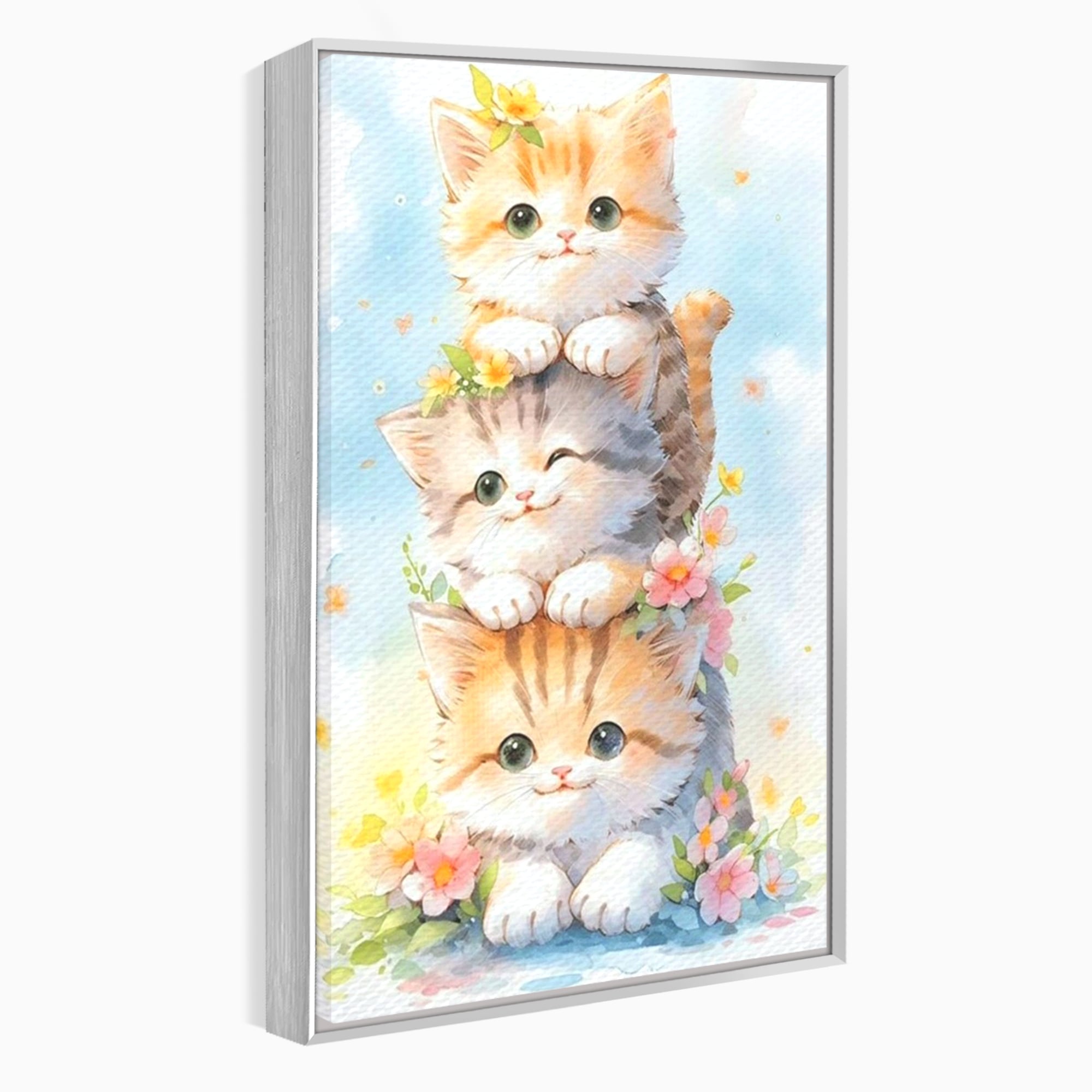 Tablou Canvas Premium, LuxCanva® K1045, Turnuletul Fratiorilor Pufosi, Pisicute, Felina, Pui, Pastel, Flori, Prietenie, Jucaus, Inocenta, Natura, Joaca, Veselie, Distractie, Camera Copil, Dormitor