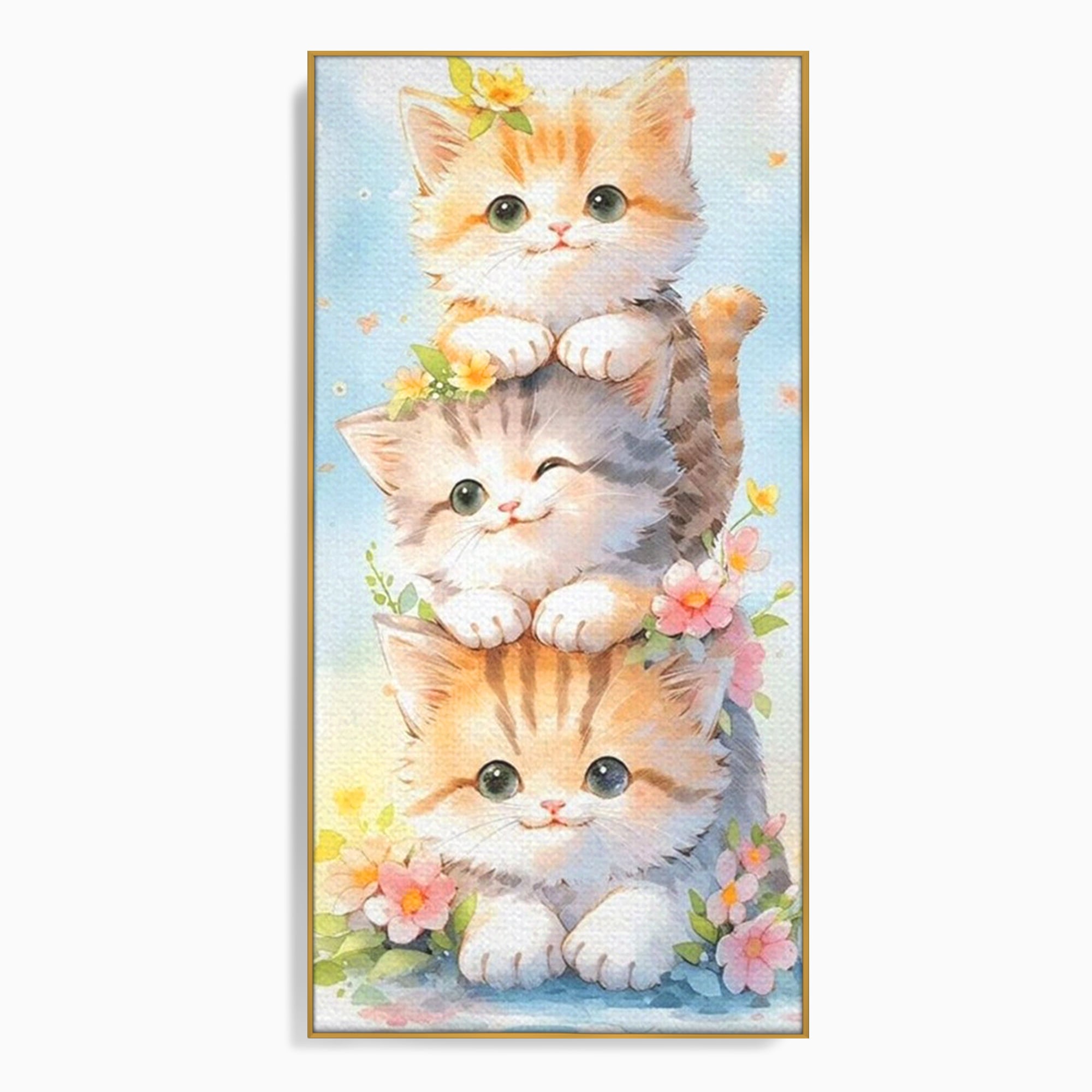 Tablou Canvas Premium, LuxCanva® K1045, Turnuletul Fratiorilor Pufosi, Pisicute, Felina, Pui, Pastel, Flori, Prietenie, Jucaus, Inocenta, Natura, Joaca, Veselie, Distractie, Camera Copil, Dormitor