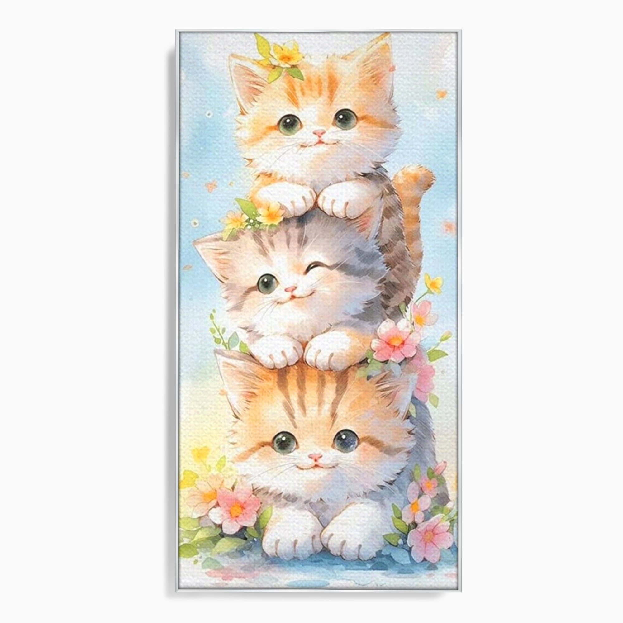 Tablou Canvas Premium, LuxCanva® K1045, Turnuletul Fratiorilor Pufosi, Pisicute, Felina, Pui, Pastel, Flori, Prietenie, Jucaus, Inocenta, Natura, Joaca, Veselie, Distractie, Camera Copil, Dormitor