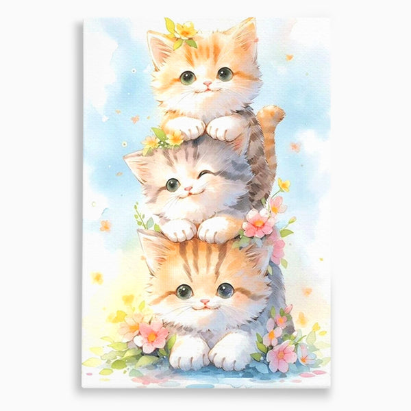 Tablou Canvas Premium, LuxCanva® K1045, Turnuletul Fratiorilor Pufosi, Pisicute, Felina, Pui, Pastel, Flori, Prietenie, Jucaus, Inocenta, Natura, Joaca, Veselie, Distractie, Camera Copil, Dormitor