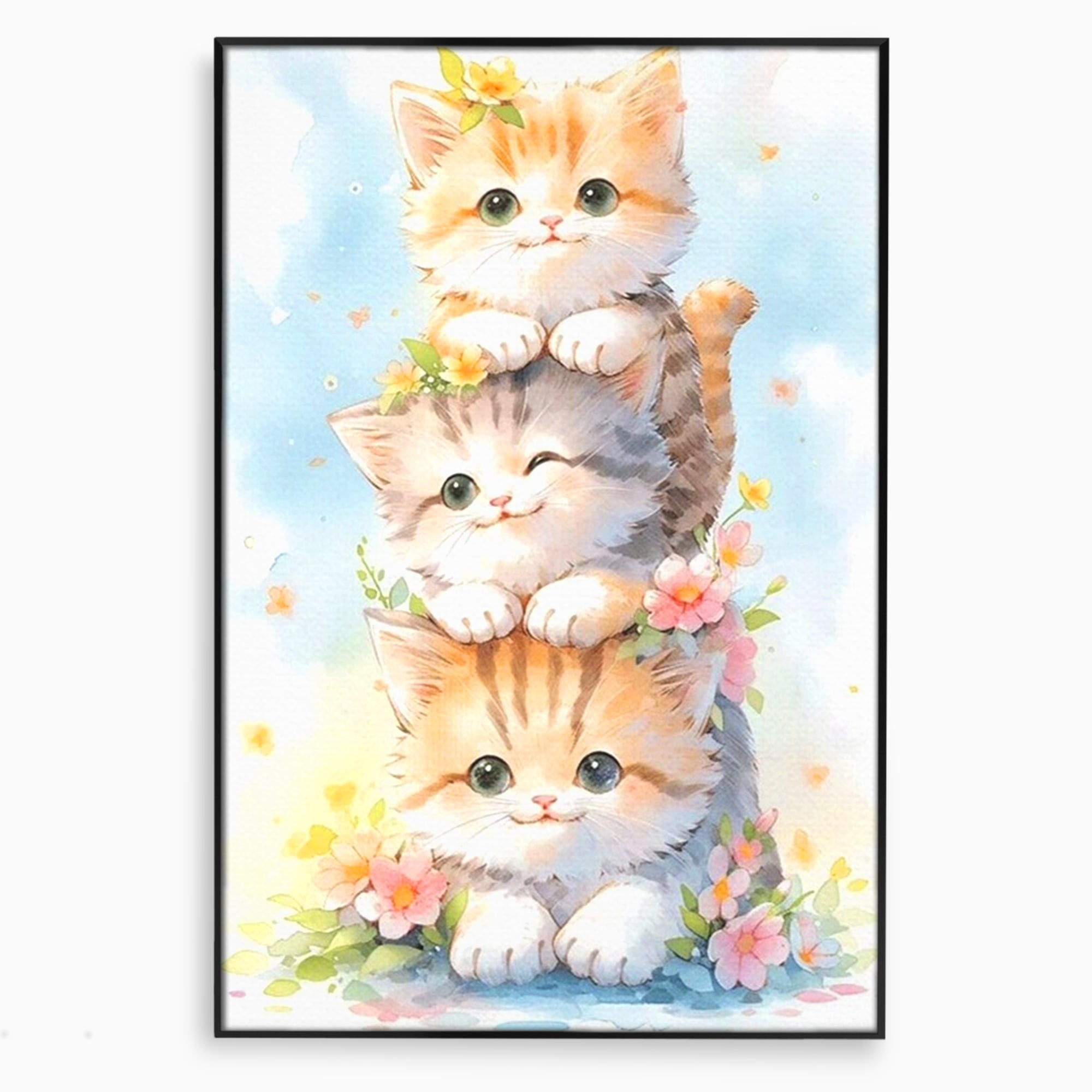 Tablou Canvas Premium, LuxCanva® K1045, Turnuletul Fratiorilor Pufosi, Pisicute, Felina, Pui, Pastel, Flori, Prietenie, Jucaus, Inocenta, Natura, Joaca, Veselie, Distractie, Camera Copil, Dormitor