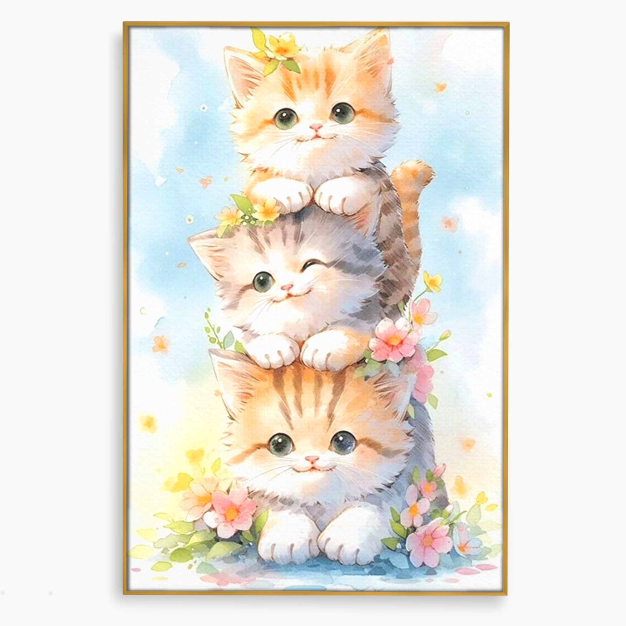 Tablou Canvas Premium, LuxCanva® K1045, Turnuletul Fratiorilor Pufosi, Pisicute, Felina, Pui, Pastel, Flori, Prietenie, Jucaus, Inocenta, Natura, Joaca, Veselie, Distractie, Camera Copil, Dormitor