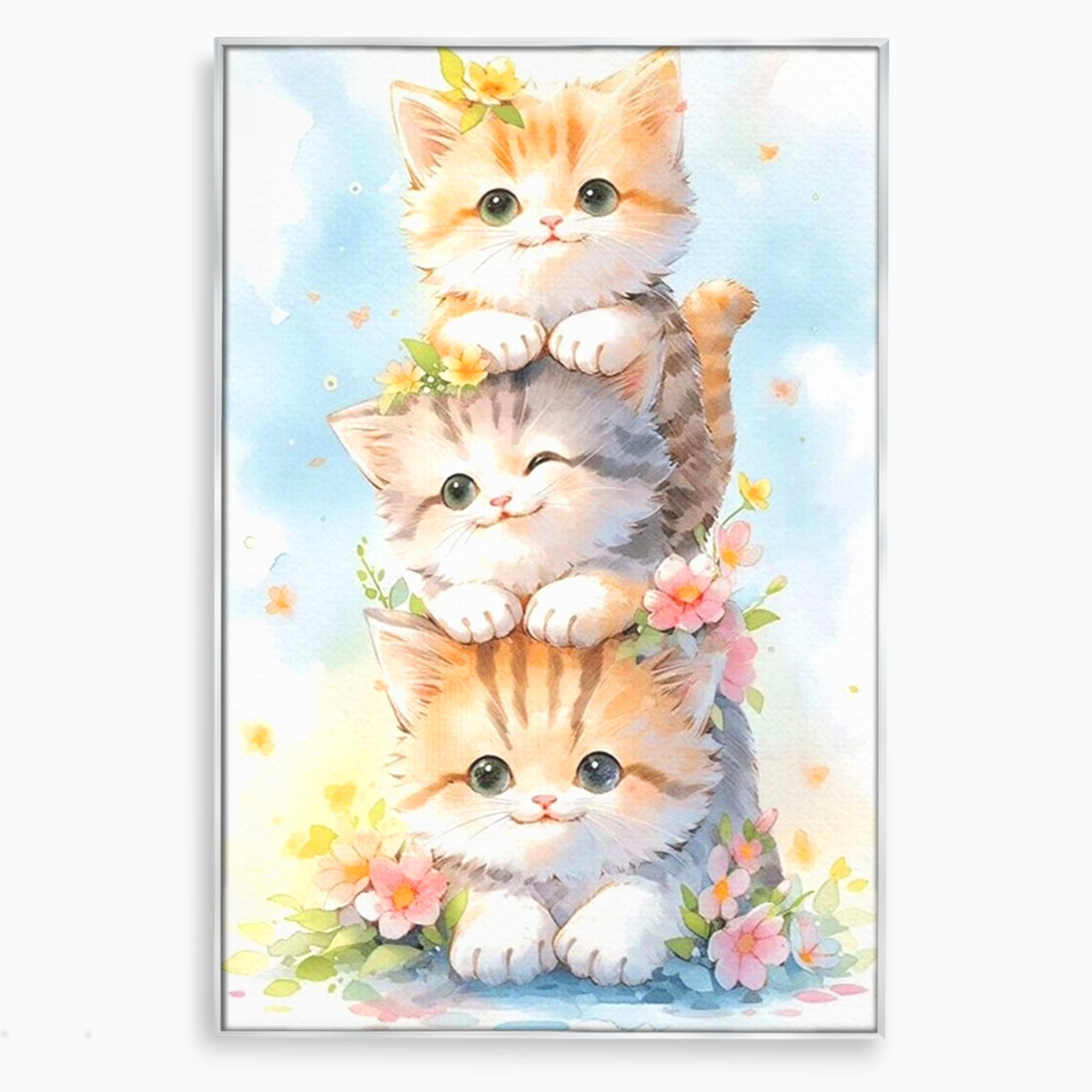 Tablou Canvas Premium, LuxCanva® K1045, Turnuletul Fratiorilor Pufosi, Pisicute, Felina, Pui, Pastel, Flori, Prietenie, Jucaus, Inocenta, Natura, Joaca, Veselie, Distractie, Camera Copil, Dormitor