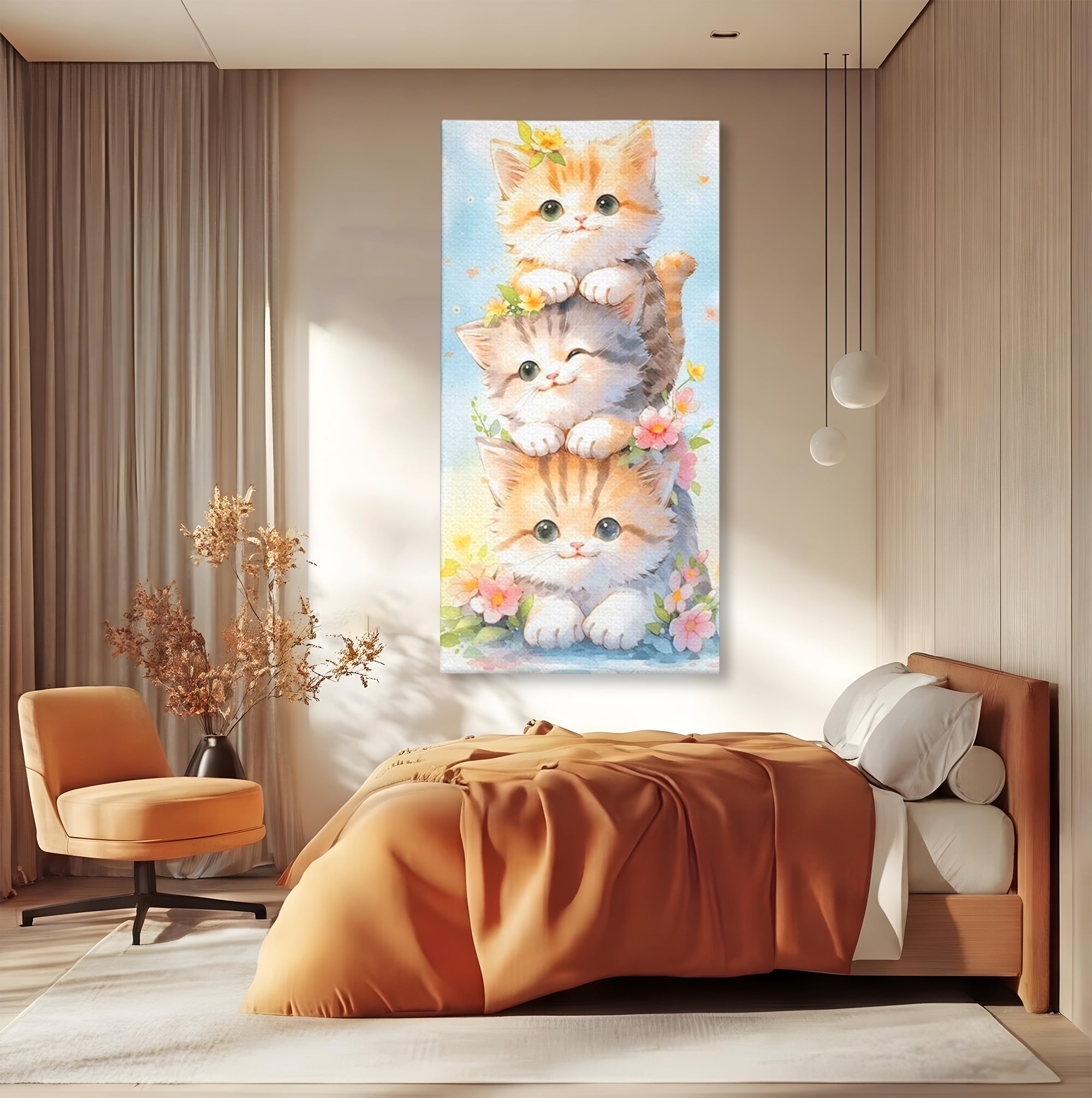 Tablou Canvas Premium, LuxCanva® K1045, Turnuletul Fratiorilor Pufosi, Pisicute, Felina, Pui, Pastel, Flori, Prietenie, Jucaus, Inocenta, Natura, Joaca, Veselie, Distractie, Camera Copil, Dormitor