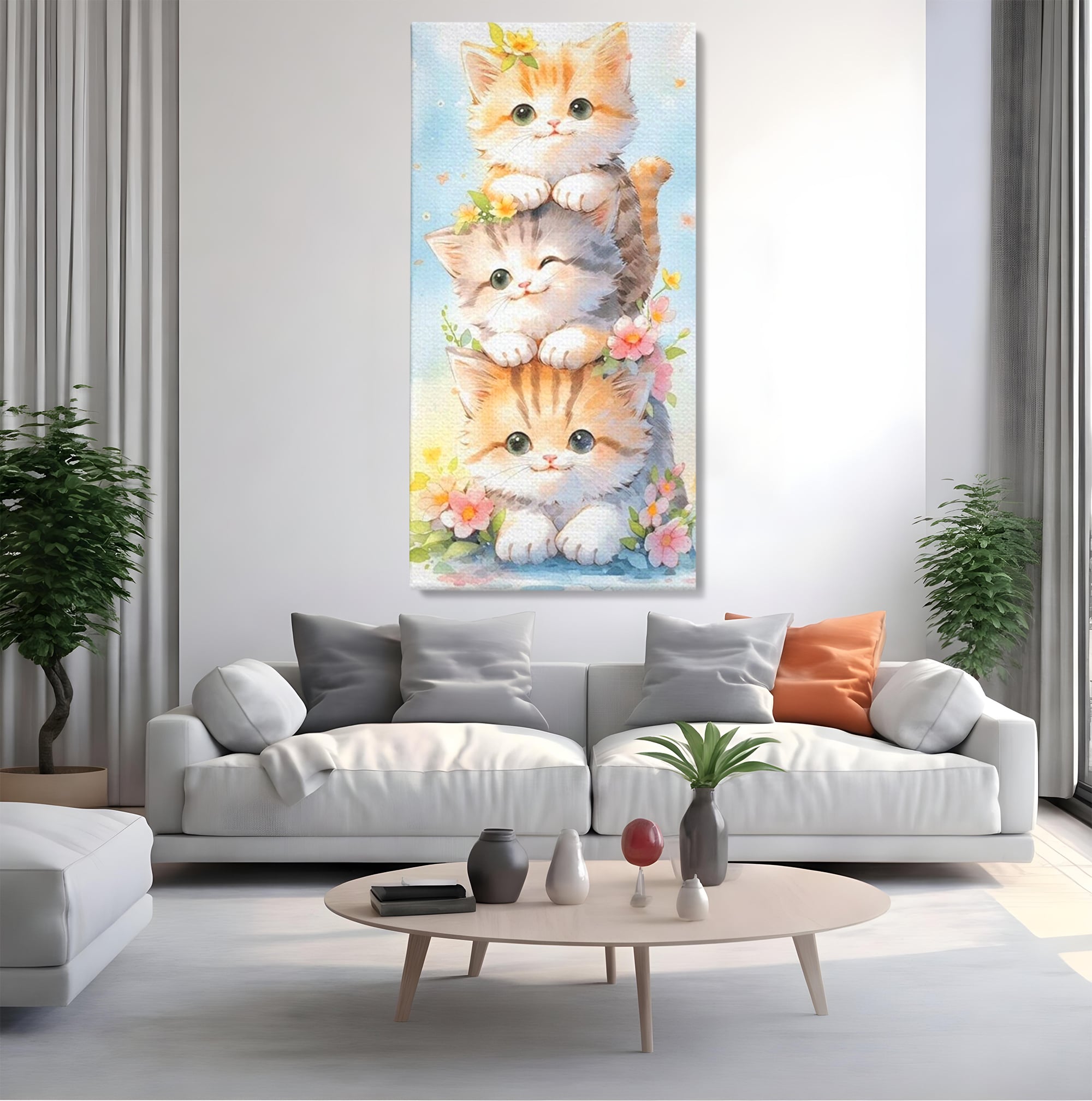 Tablou Canvas Premium, LuxCanva® K1045, Turnuletul Fratiorilor Pufosi, Pisicute, Felina, Pui, Pastel, Flori, Prietenie, Jucaus, Inocenta, Natura, Joaca, Veselie, Distractie, Camera Copil, Dormitor