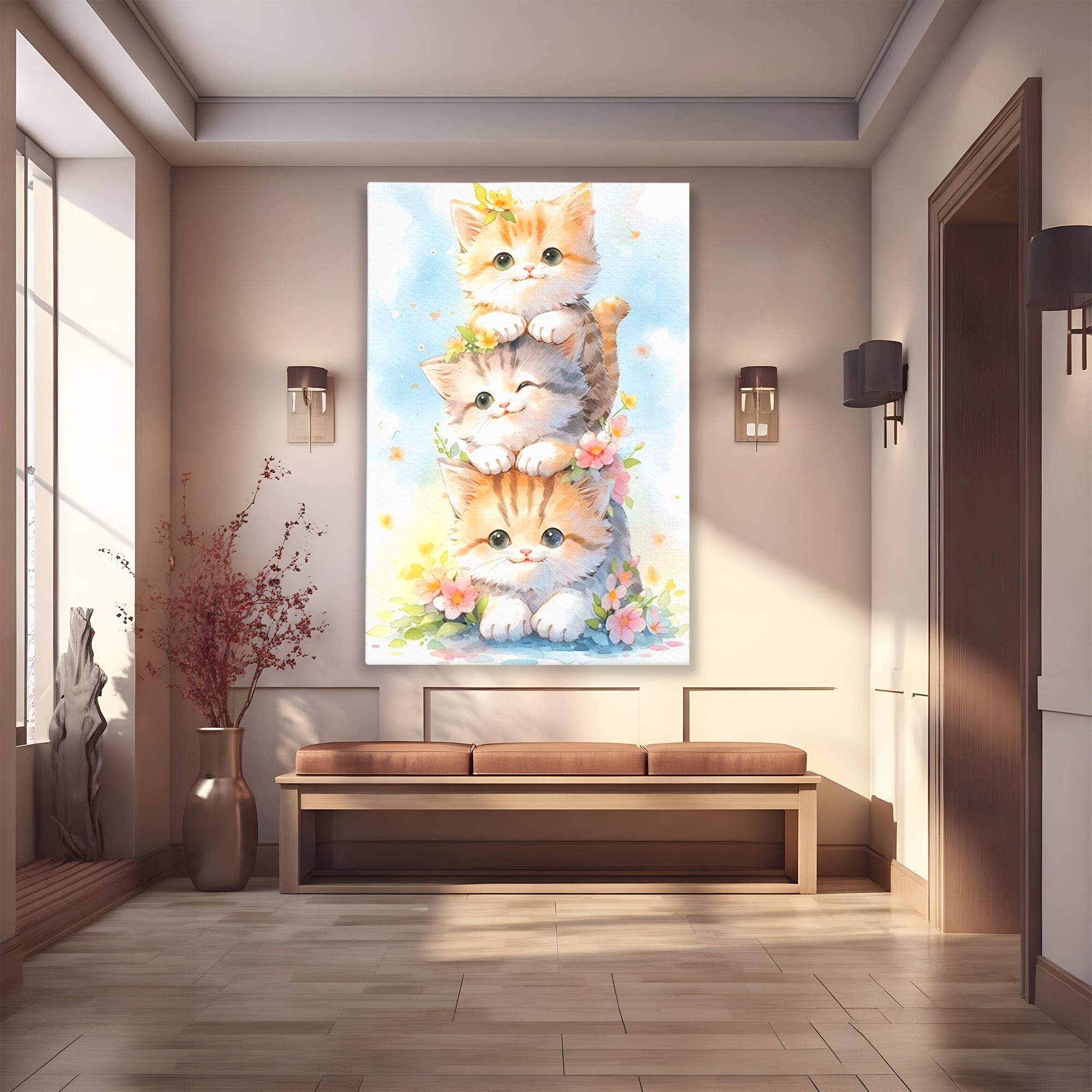 Tablou Canvas Premium, LuxCanva® K1045, Turnuletul Fratiorilor Pufosi, Pisicute, Felina, Pui, Pastel, Flori, Prietenie, Jucaus, Inocenta, Natura, Joaca, Veselie, Distractie, Camera Copil, Dormitor