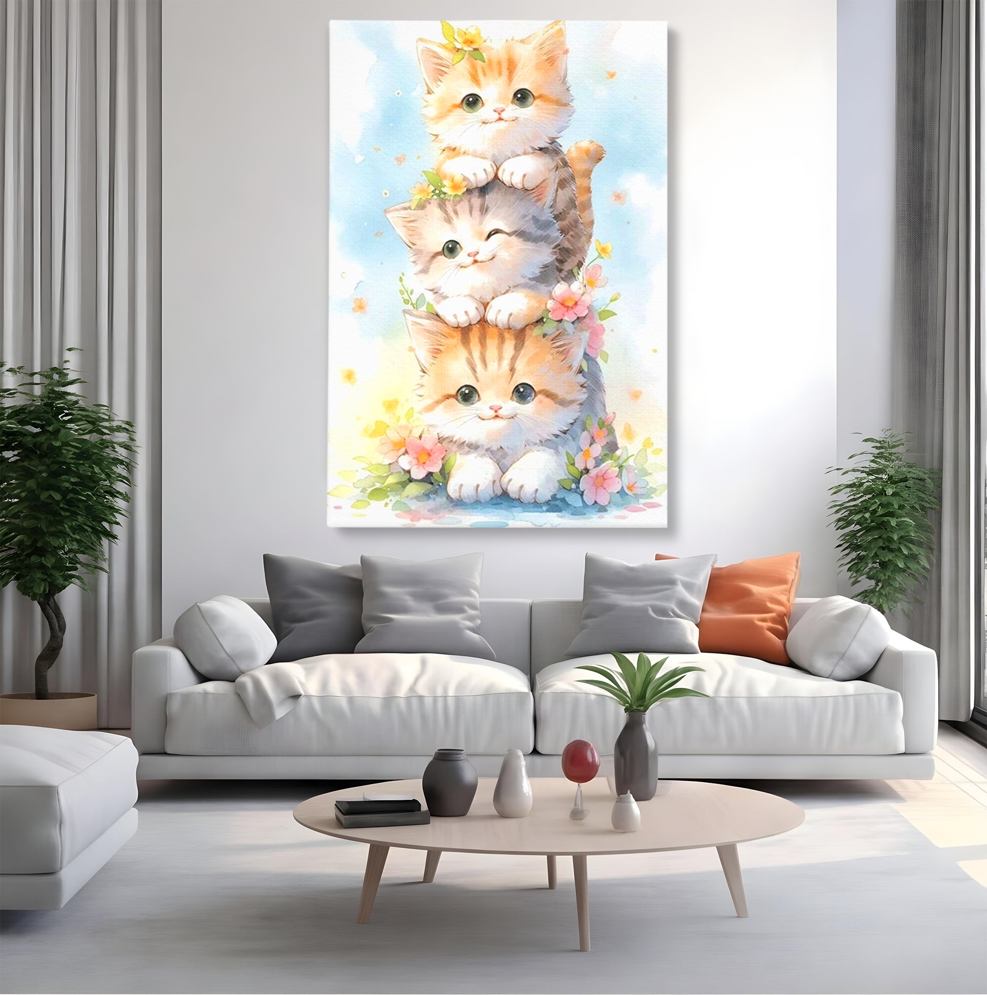 Tablou Canvas Premium, LuxCanva® K1045, Turnuletul Fratiorilor Pufosi, Pisicute, Felina, Pui, Pastel, Flori, Prietenie, Jucaus, Inocenta, Natura, Joaca, Veselie, Distractie, Camera Copil, Dormitor